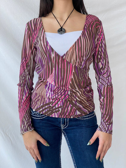 Y2K Full Sleeve Sheer Pink Groovy Women’s Top - M - Balagan Vintage Full Sleeve Top 00s, full sleeve top, groovy, Syntia, women top