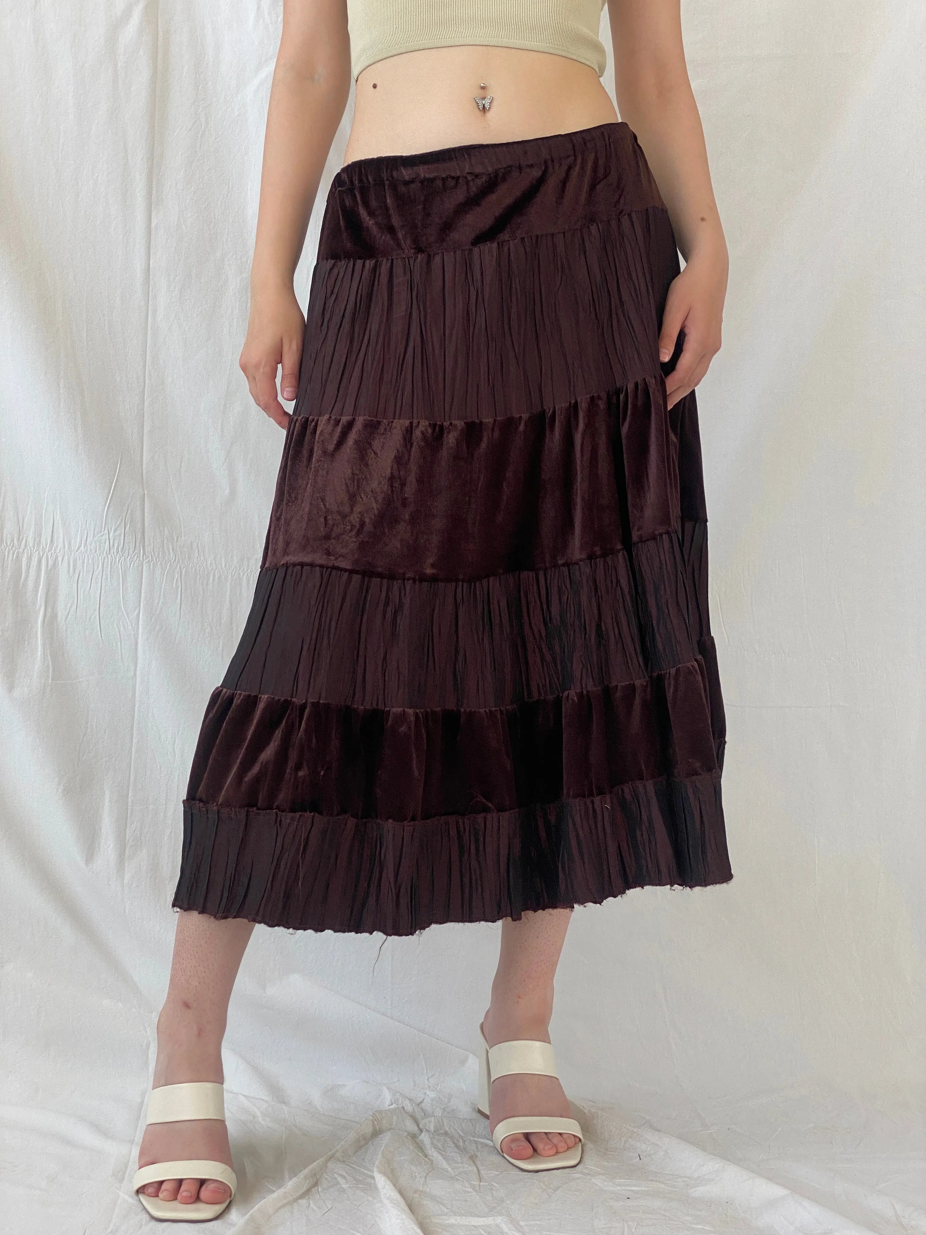 Y2K Gipsy Layered Brown Boho Midi Velvet Cotton Elastic Waist Skirt - L - Balagan Vintage Midi Skirt Ayah, Boho, midi skirt, velvet, winter