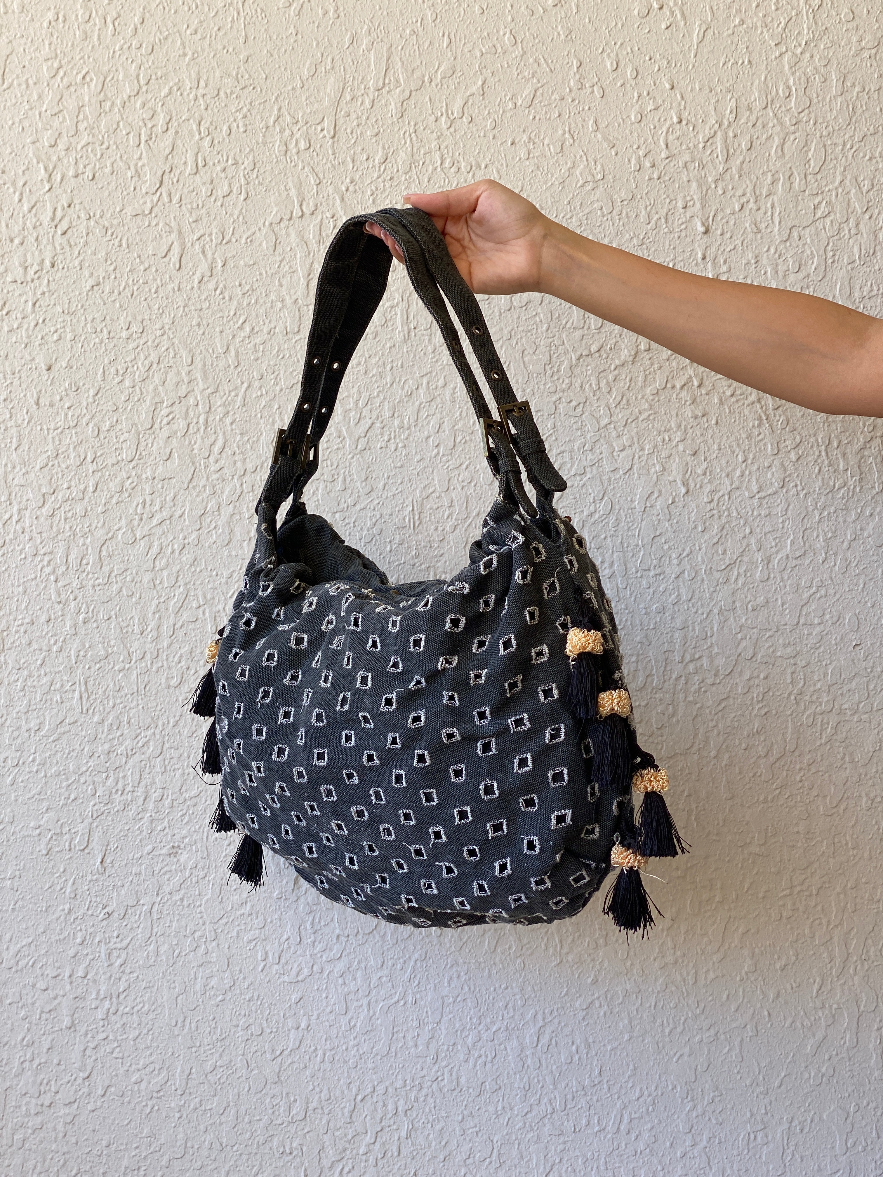 Y2K Gray Boho Hobo Denim Shoulder Bag With Side Fringes - Balagan Vintage Shoulder Bag 00s, 90s, bag, NEW IN, shoulder bag, Y2K