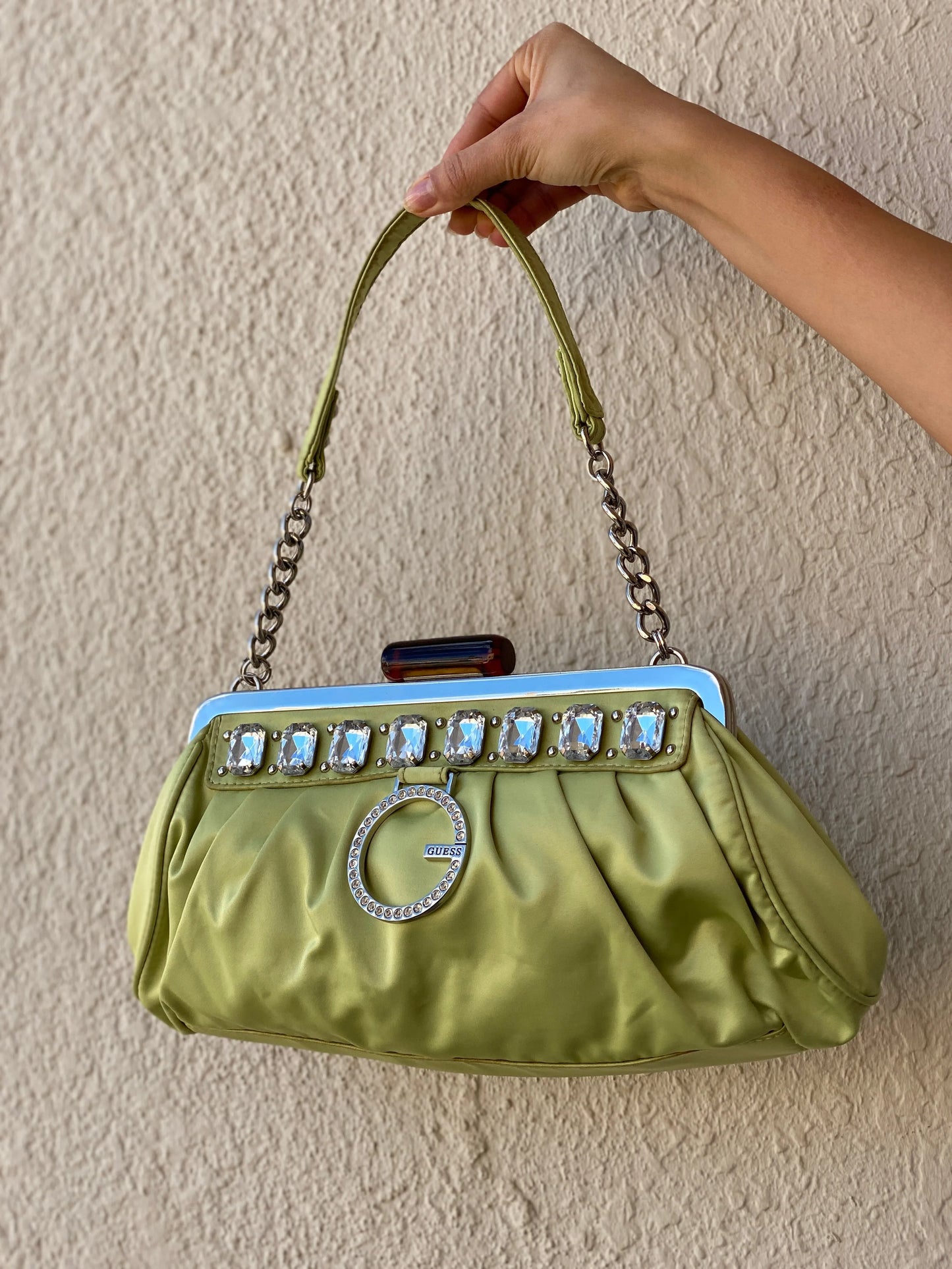 Y2K Guess Lime Green Crystal Embellished Shoulder Bag - Balagan Vintage Clutch 90s, bag, consignment, guess, mini handbag, shoulder bag, Tasnimk
