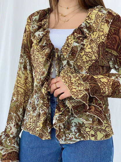 Y2K H Good Feeling Floral Sheer Ruffled Cardigan Size XL - Balagan Vintage Cardigan cardigan, floral, floral mesh, full sleeve shirt, Juana, women skirt