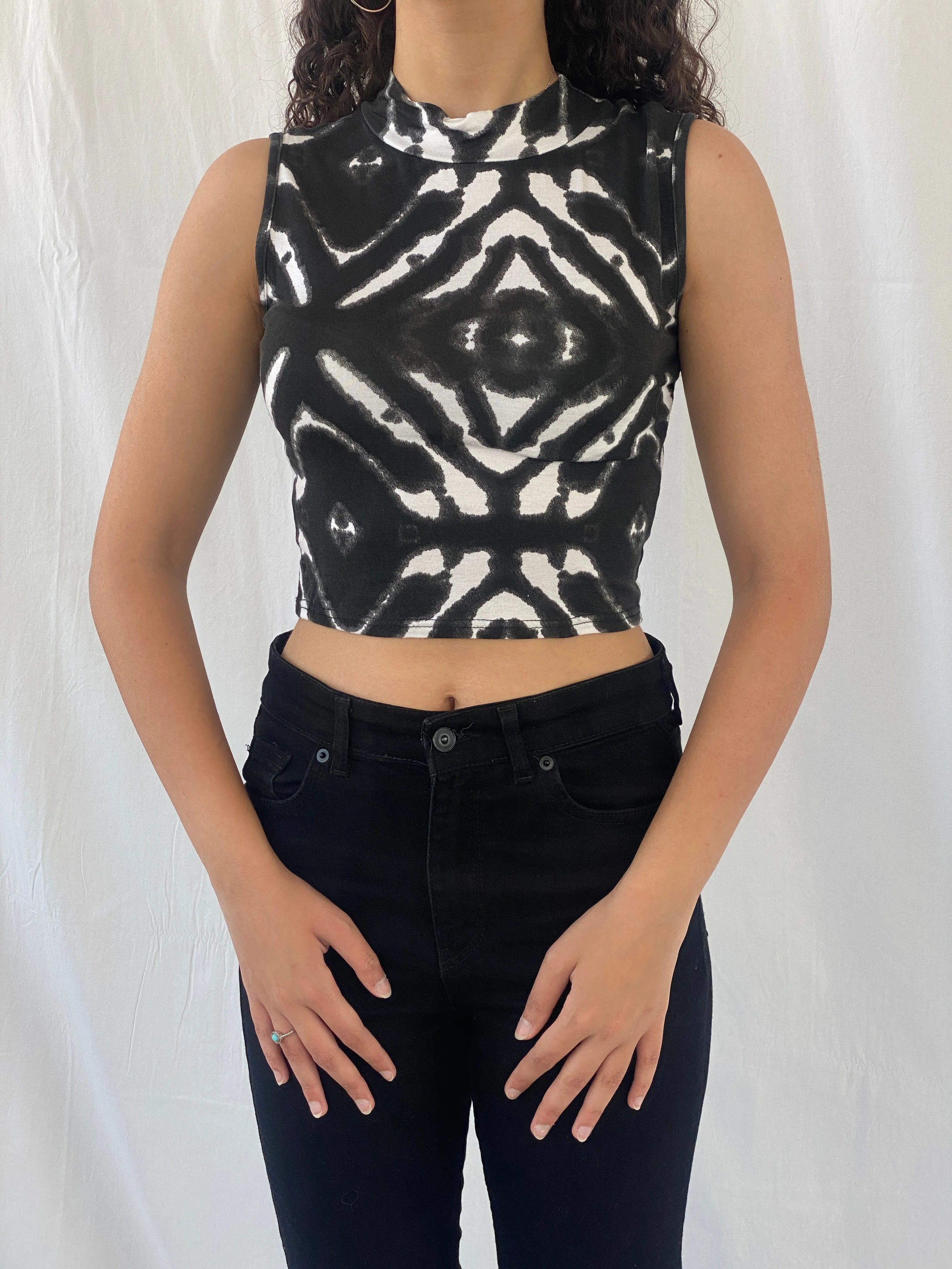 Y2K Head Girl Black White Tie Dye Turtle Neck Crop Top - S - Balagan Vintage Sleeveless Top 00s, Celine, cropped, women top
