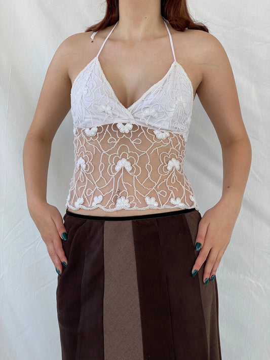 Y2K Hot Couture Women’s Beaded White Backless Sheer Halter Top - S - Balagan Vintage Halter Top 00s, Ayah, consignment, crochet, halter top, Melika, women top