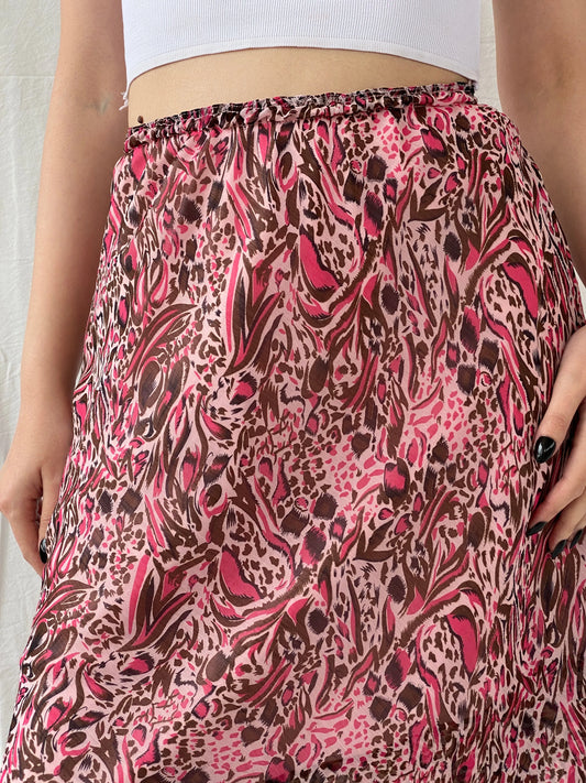 Y2K iNFiNiTY Woman Pink Brown Animal Print Asymmetric Layered Midi Skirt - S - Balagan Vintage Midi Skirt Ayah, consignment, midi skirt, skirt, Tasnim, women skirt