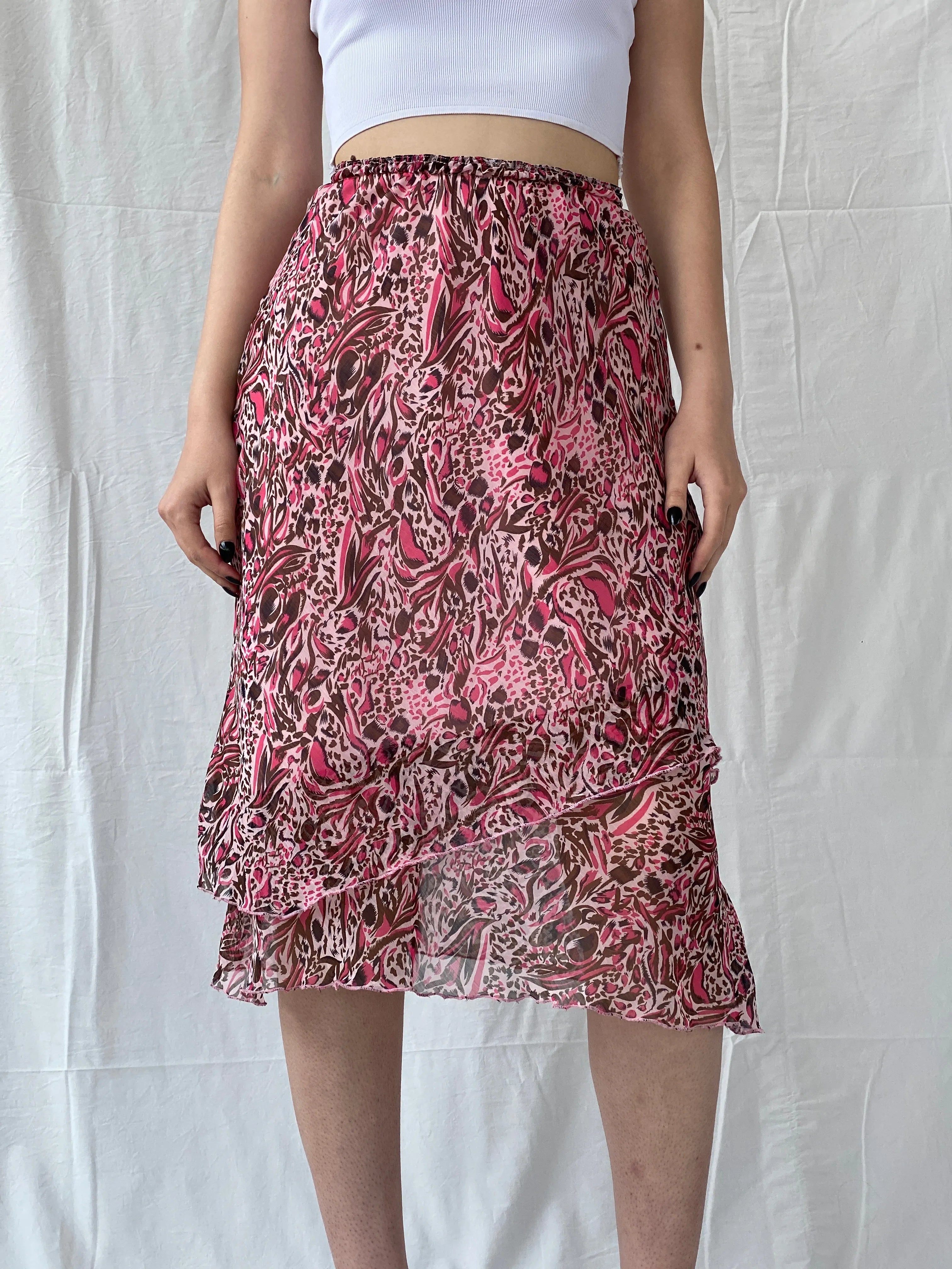 Y2K iNFiNiTY Woman Pink Brown Animal Print Asymmetric Layered Midi Skirt - S - Balagan Vintage Midi Skirt Ayah, consignment, midi skirt, skirt, Tasnim, women skirt