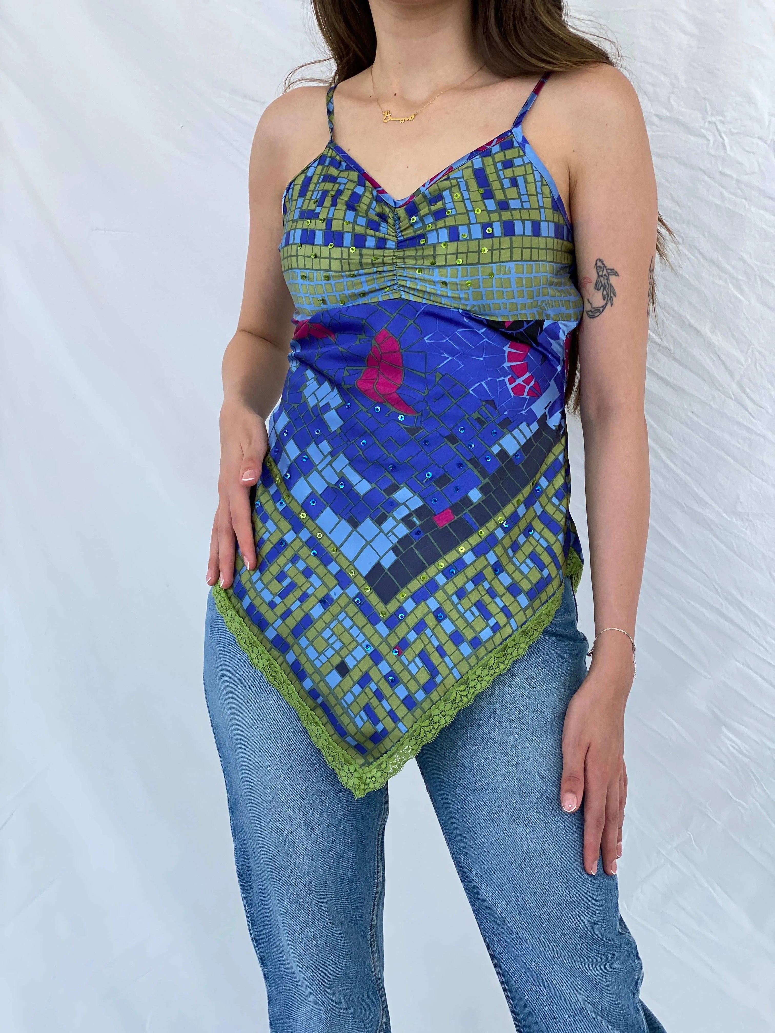 Y2K It’s Mine Sequined Asymmetric Blue and Green Lace Trim Cami Top - S - Balagan Vintage Cami 00s, 90s, Cami, Deals, floral, Mira