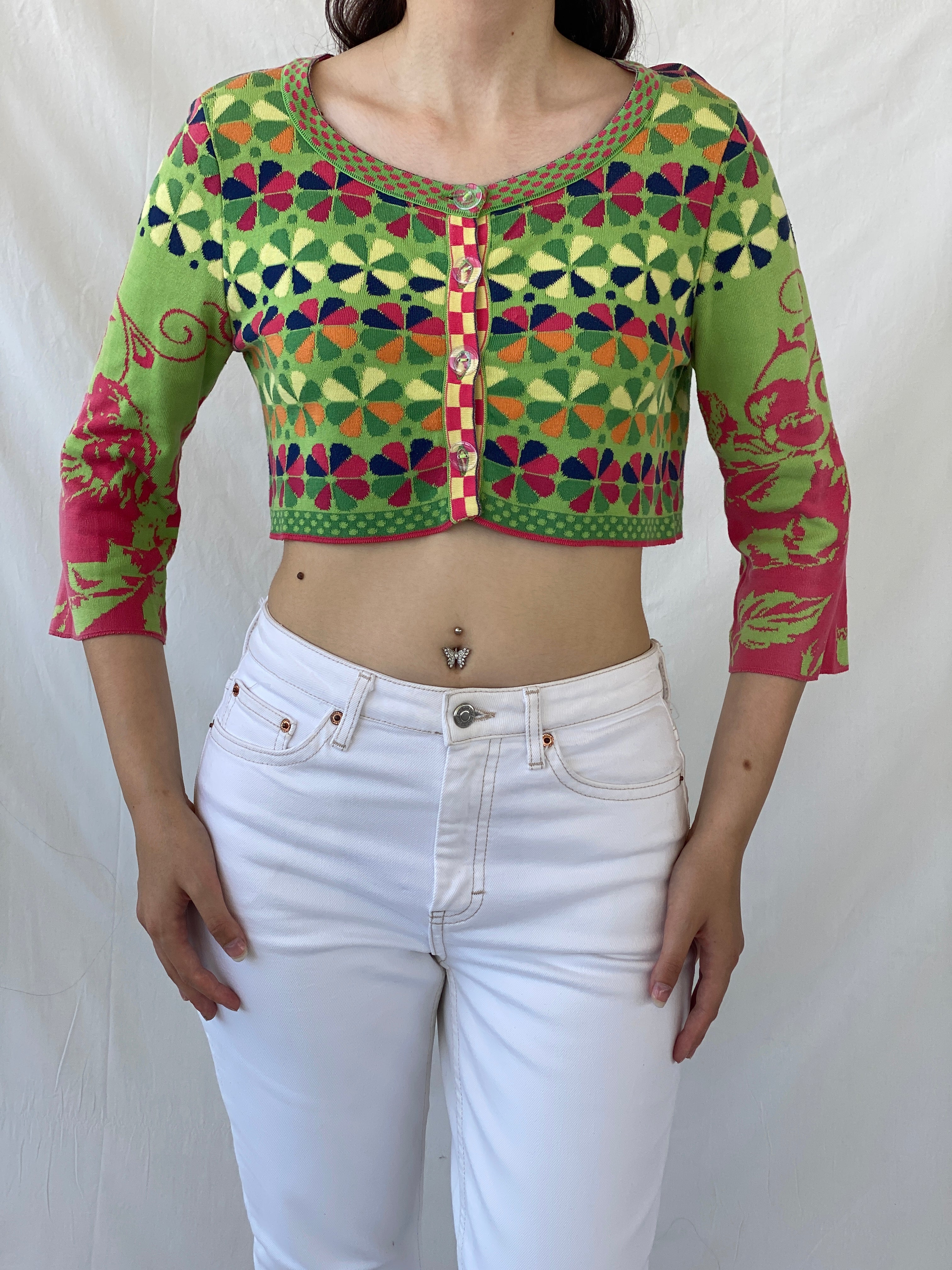 Y2K Ivko Colorful Patterned Cropped Button Up Cardigan - M - Balagan Vintage Cardigan 00s, Ayah, NEW IN, summer, women top