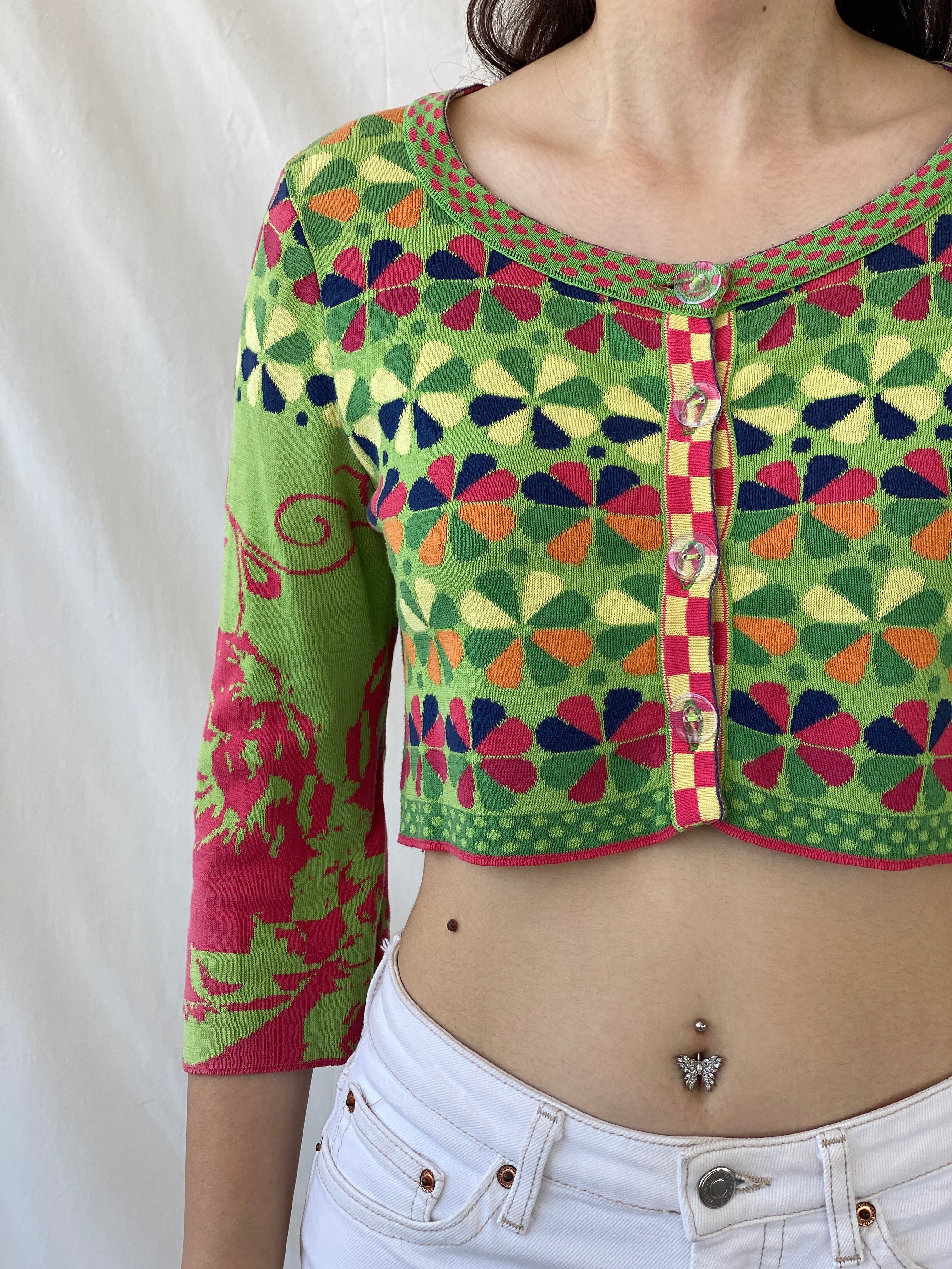Y2K Ivko Colorful Patterned Cropped Button Up Cardigan - M - Balagan Vintage Cardigan 00s, Ayah, NEW IN, summer, women top