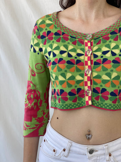 Y2K Ivko Colorful Patterned Cropped Button Up Cardigan - M - Balagan Vintage Cardigan 00s, Ayah, NEW IN, summer, women top