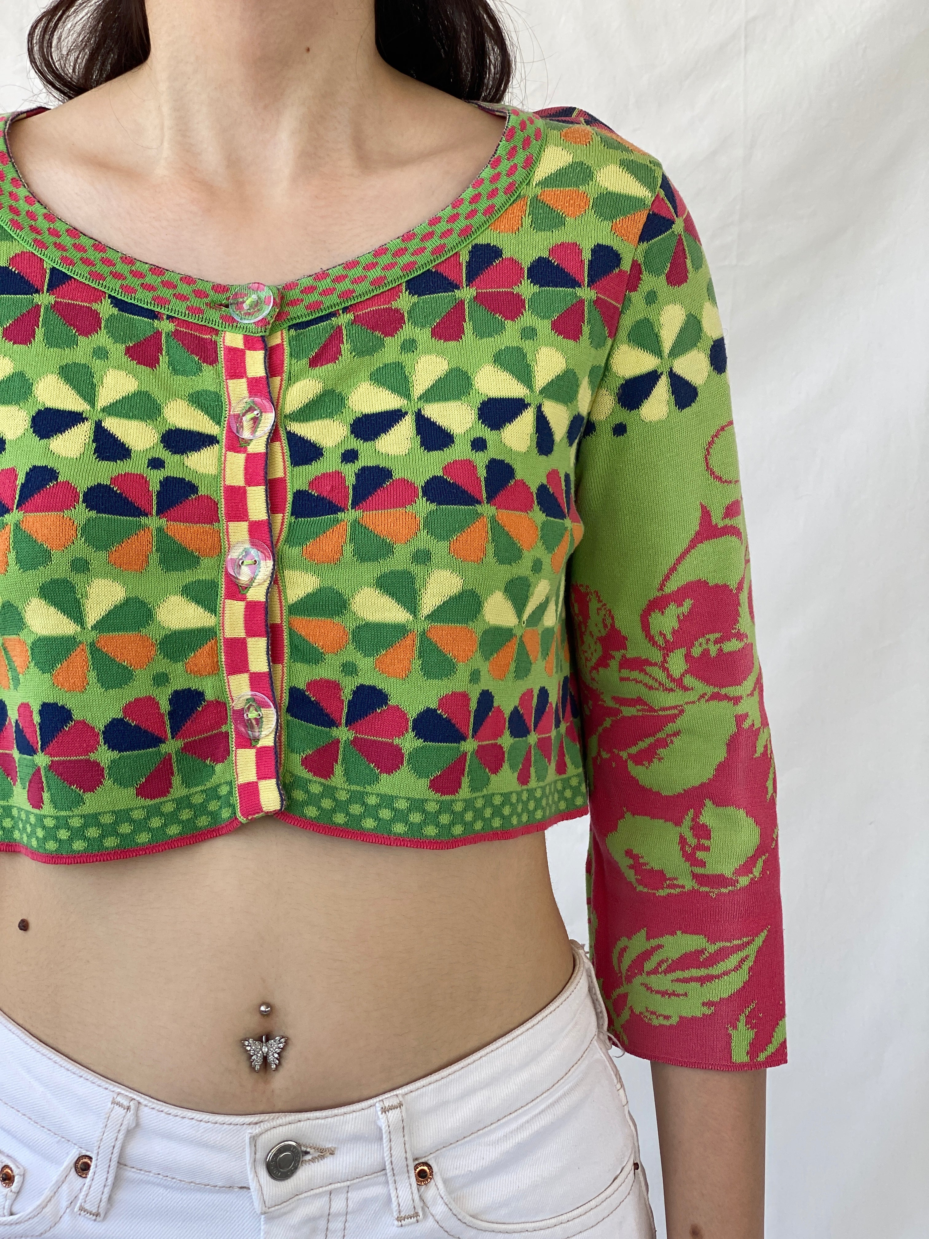 Y2K Ivko Colorful Patterned Cropped Button Up Cardigan - M - Balagan Vintage Cardigan 00s, Ayah, NEW IN, summer, women top