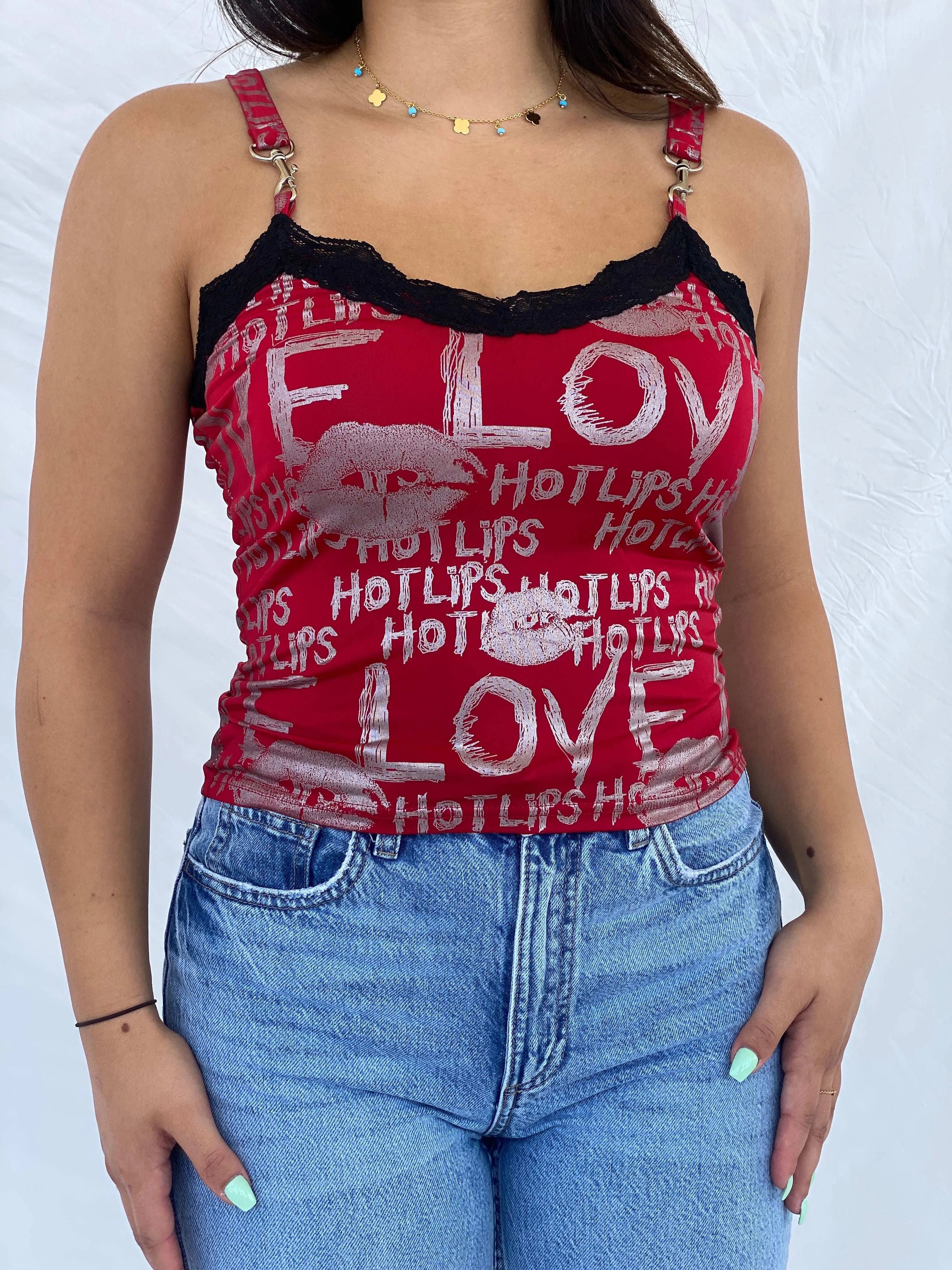 Y2k J.N.Y Red Graphic Cami Top With Lace Detailing - L - Balagan Vintage Sleeveless Top 00s, Cami, Lana, summer