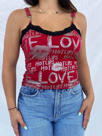 Y2k J.N.Y Red Graphic Cami Top With Lace Detailing - L - Balagan Vintage Sleeveless Top 00s, Cami, Lana, summer