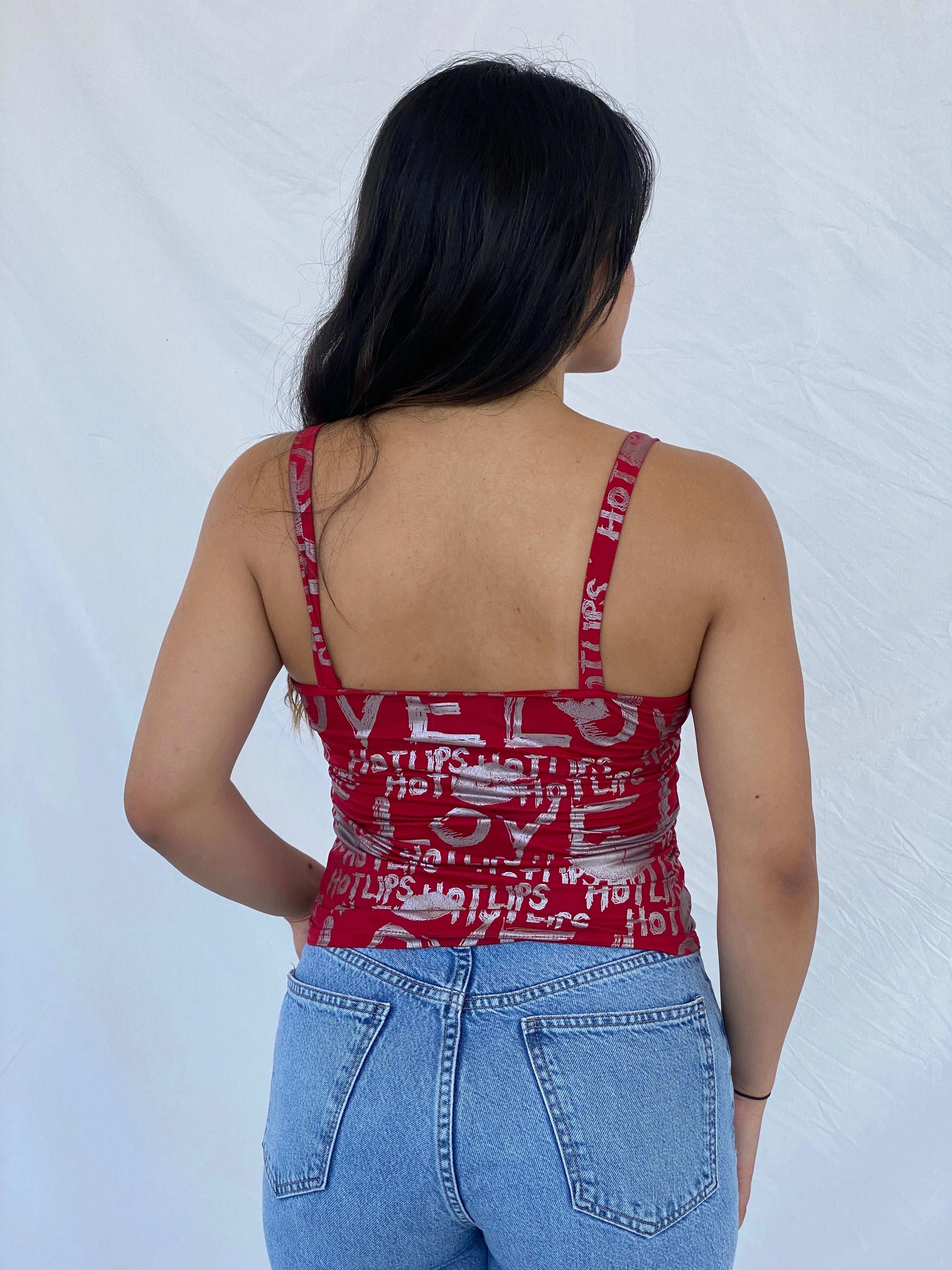 Y2k J.N.Y Red Graphic Cami Top With Lace Detailing - L - Balagan Vintage Sleeveless Top 00s, Cami, Lana, summer
