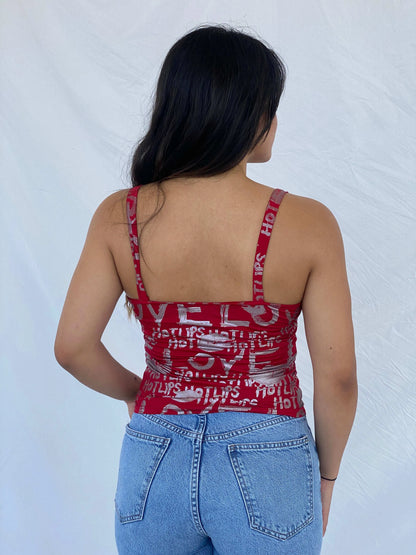 Y2k J.N.Y Red Graphic Cami Top With Lace Detailing - L - Balagan Vintage Sleeveless Top 00s, Cami, Lana, summer