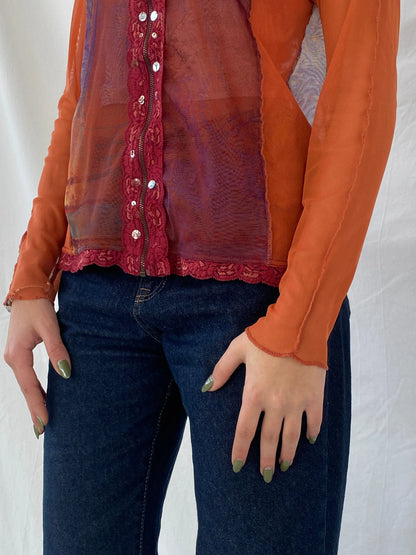 Y2K Jacqueline Riu Graphic Mesh Zip Up Lace Trim Sequin Red & Orange Cardigan - M - Balagan Vintage Cardigan 00s, cardigan, consignment, Danadabbas, full sleeve top, Syntia, women top