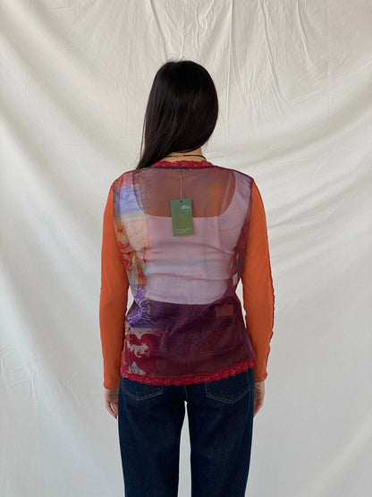 Y2K Jacqueline Riu Graphic Mesh Zip Up Lace Trim Sequin Red & Orange Cardigan - M - Balagan Vintage Cardigan 00s, cardigan, consignment, Danadabbas, full sleeve top, Syntia, women top