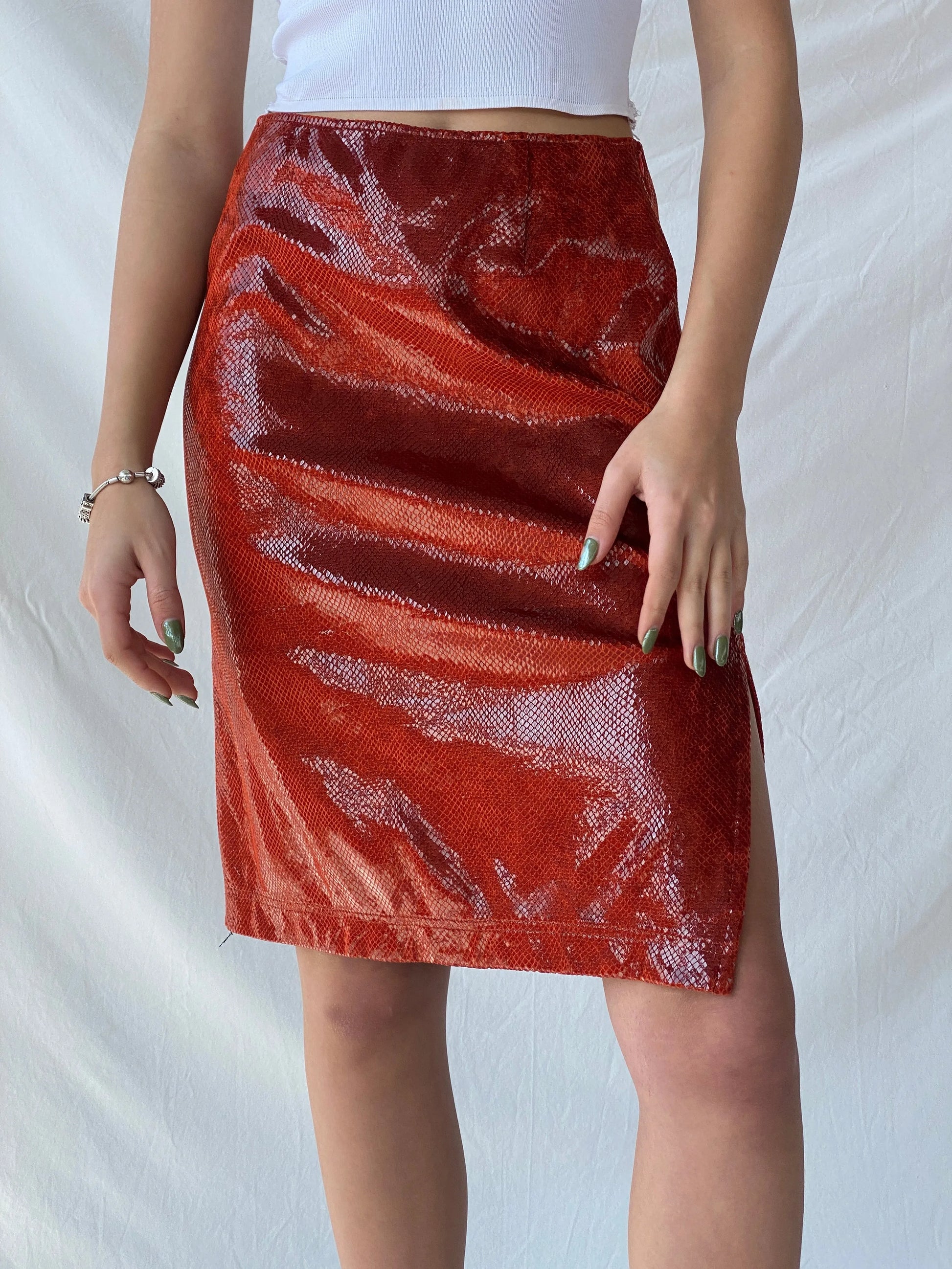 Y2K Jean Paul Metallic Orange Midi Women’s Skirt - M - Balagan Vintage Midi Skirt 00s, consignment, Melika, midi skirt, Syntia, winter