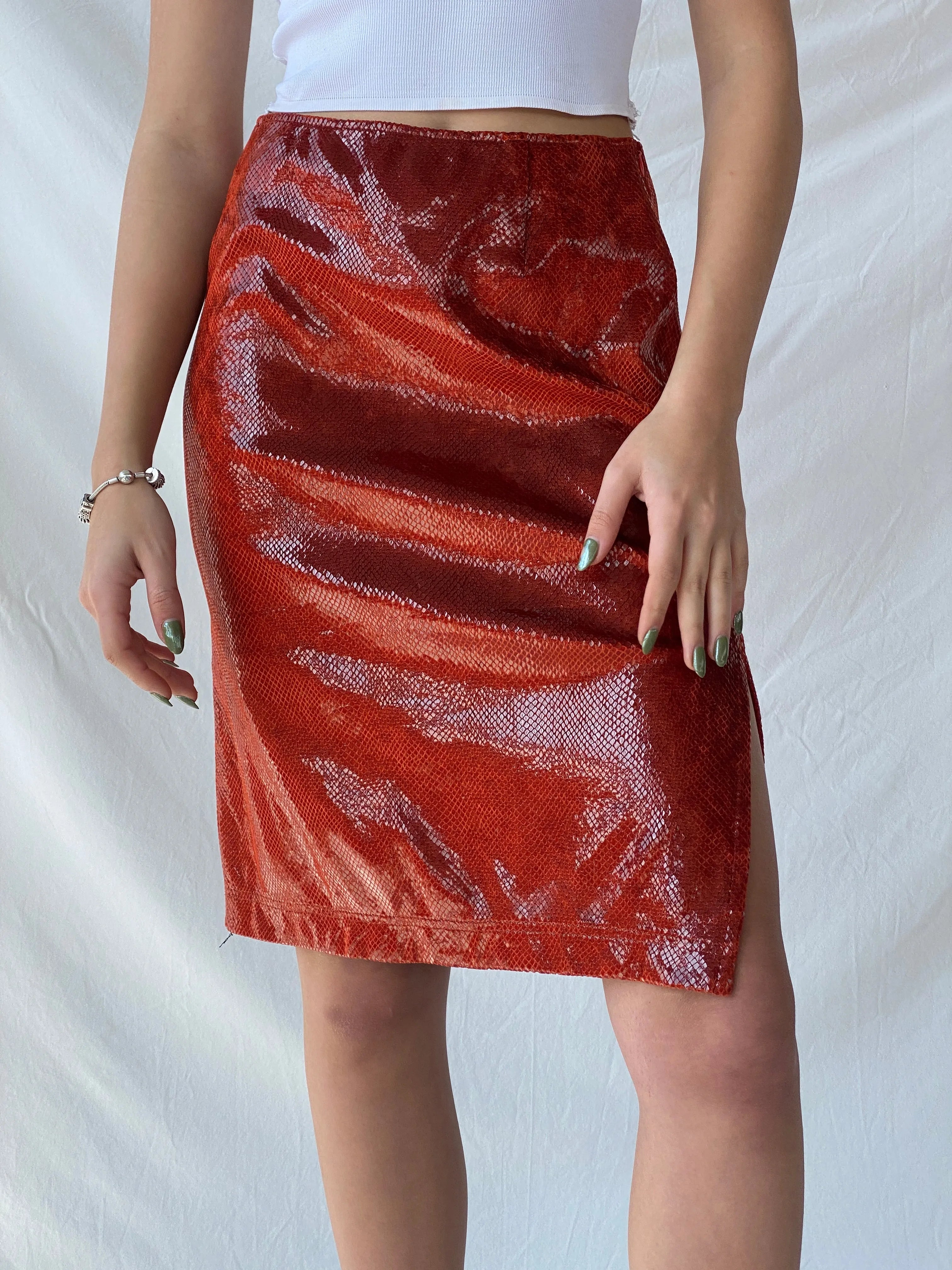 Y2K Jean Paul Metallic Orange Midi Women’s Skirt - M - Balagan Vintage Midi Skirt 00s, consignment, Melika, midi skirt, Syntia, winter