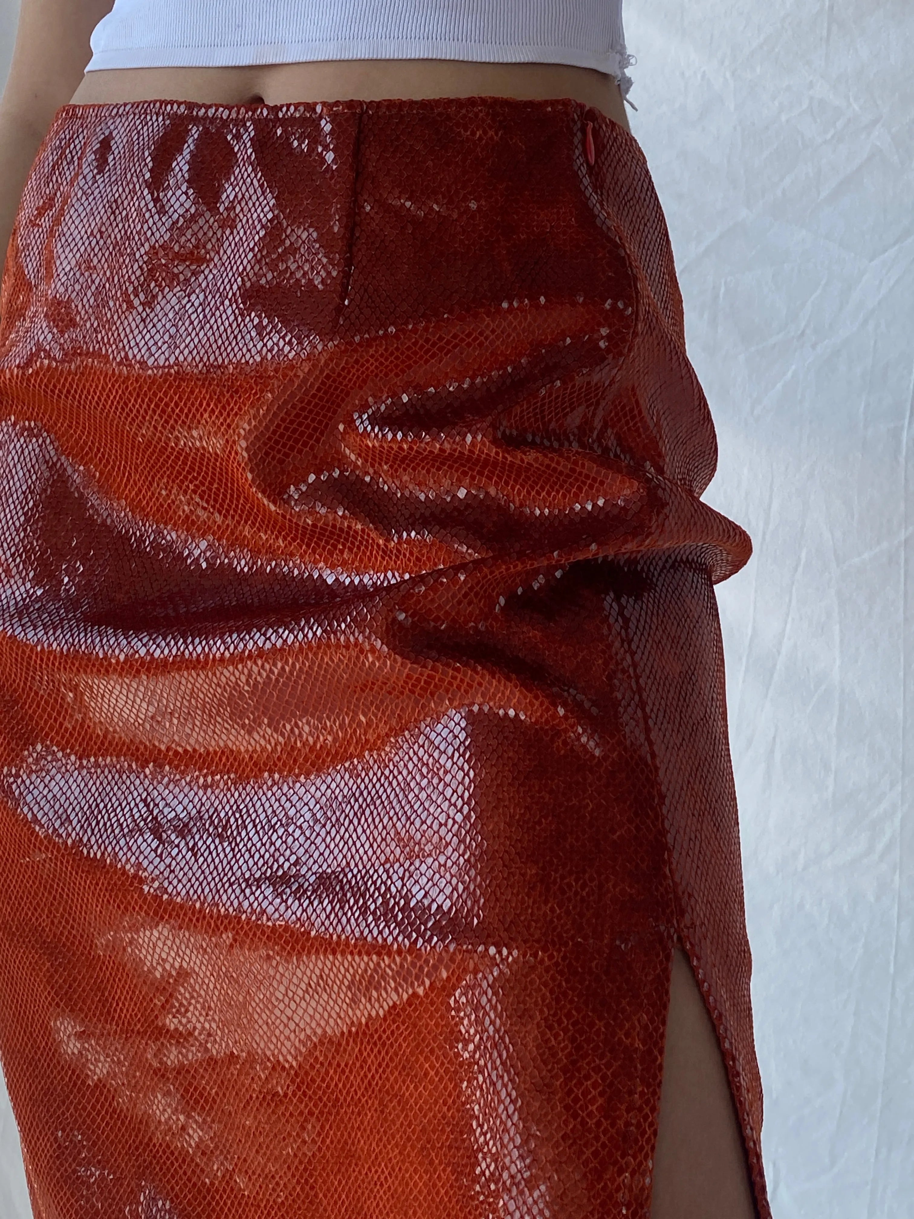 Y2K Jean Paul Metallic Orange Midi Women’s Skirt - M - Balagan Vintage Midi Skirt 00s, consignment, Melika, midi skirt, Syntia, winter