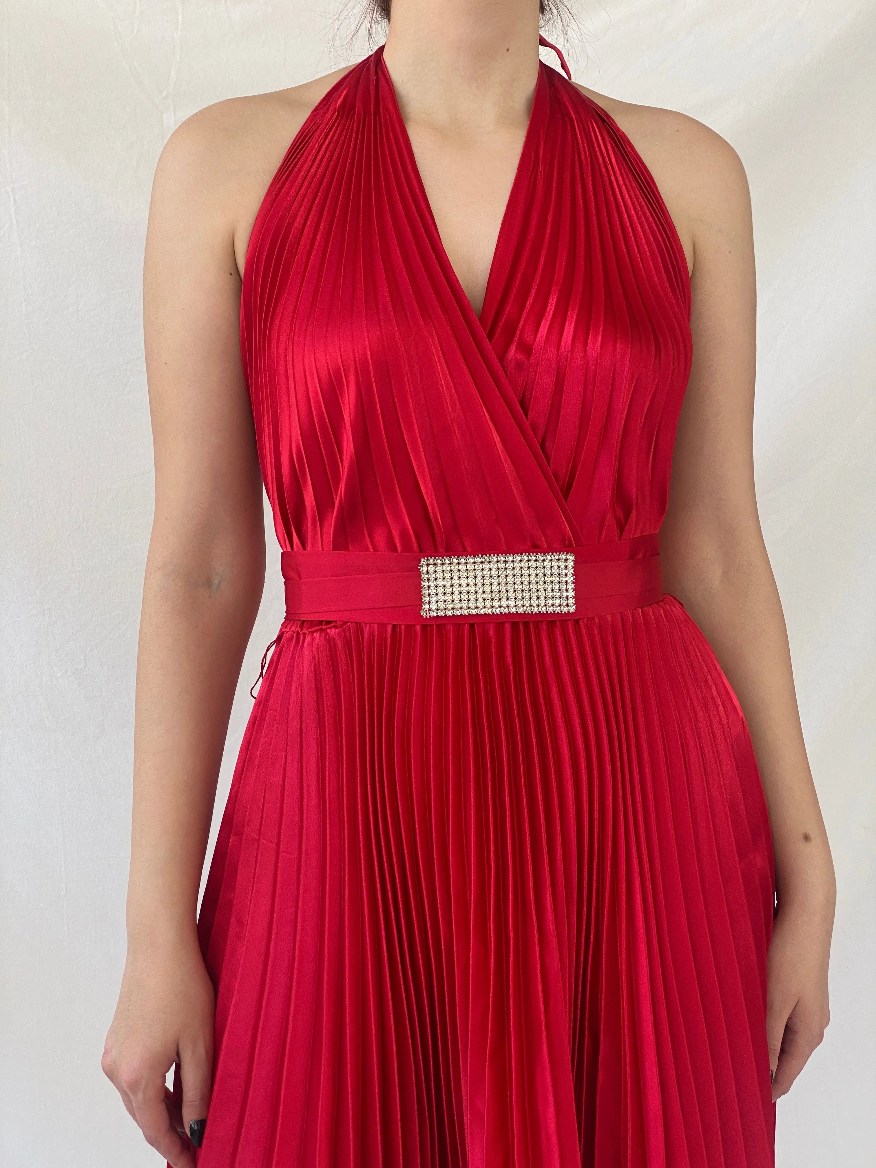 Y2K Joseph Ribkoff Red Pleated Midi Halter Neck Dress - S - Balagan Vintage Midi Dress Ayah, consignment, dress, midi dress, Shireen, Wedding Guest, winter