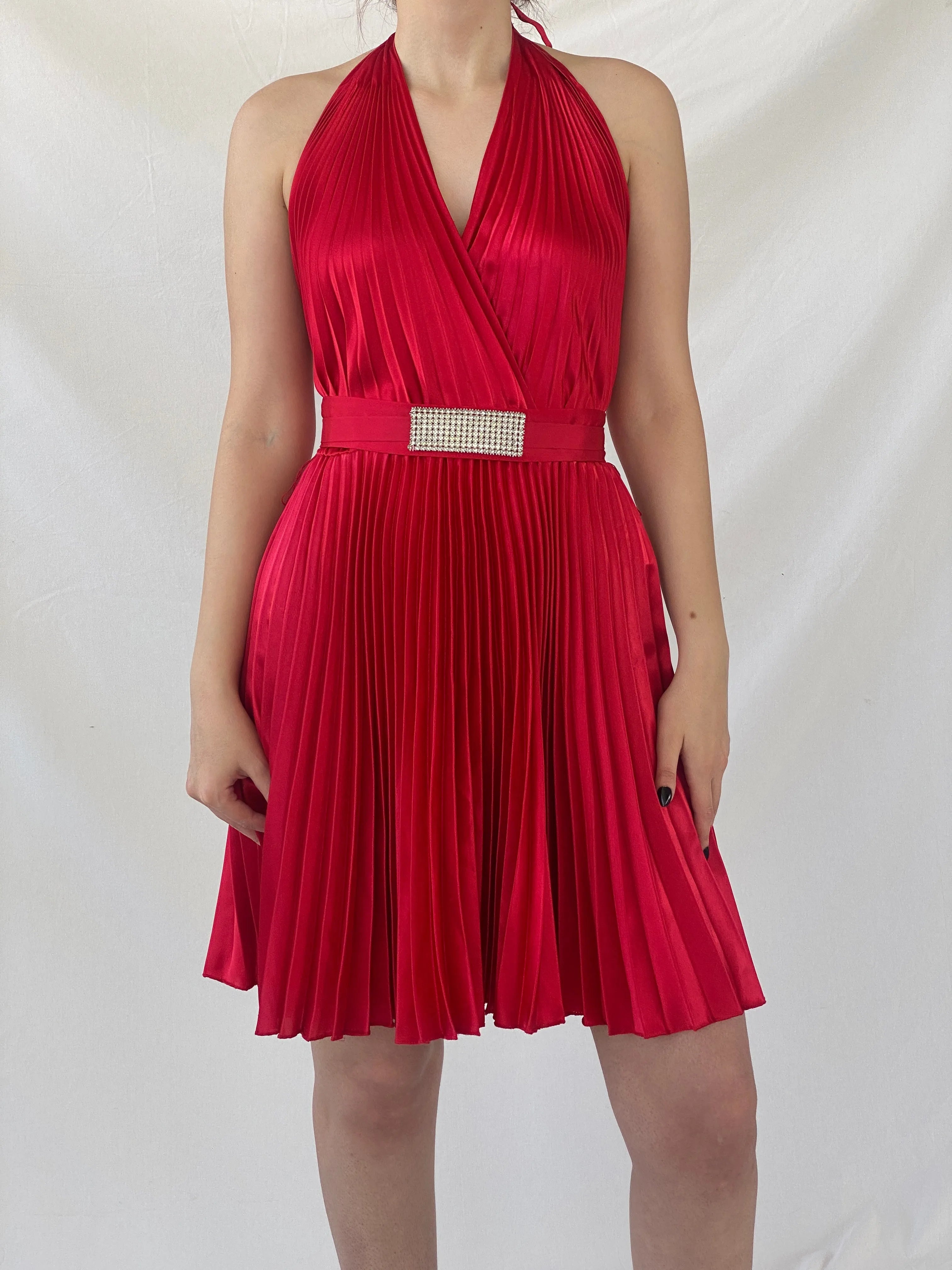 Y2K Joseph Ribkoff Red Pleated Midi Halter Neck Dress - S - Balagan Vintage Midi Dress Ayah, consignment, dress, midi dress, Shireen, Wedding Guest, winter