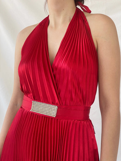 Y2K Joseph Ribkoff Red Pleated Midi Halter Neck Dress - S - Balagan Vintage Midi Dress Ayah, consignment, dress, midi dress, Shireen, Wedding Guest, winter