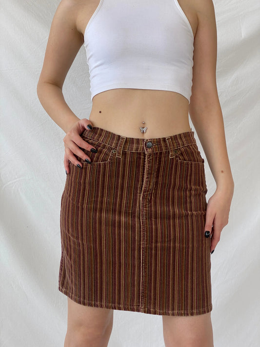 Y2K Kaliko Striped Corduroy Brown Short Skirt - M - Balagan Vintage Mini Skirt Ayah, corduroy, mini skirt, striped, striped skirt, winter
