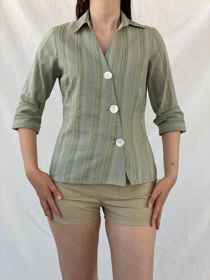 Y2K Kiabi Woman Office Core Green Striped Asymmetric Buttoned Shirt - M - Balagan Vintage Full Sleeve Shirt 00s, Ayah, cotton shirt, full sleeve shirt, NEW IN, Office core, shirt, women shirt