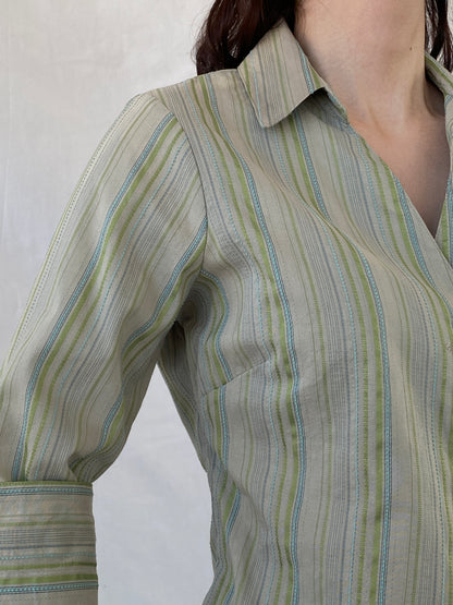 Y2K Kiabi Woman Office Core Green Striped Asymmetric Buttoned Shirt - M - Balagan Vintage Full Sleeve Shirt 00s, Ayah, cotton shirt, full sleeve shirt, NEW IN, Office core, shirt, women shirt