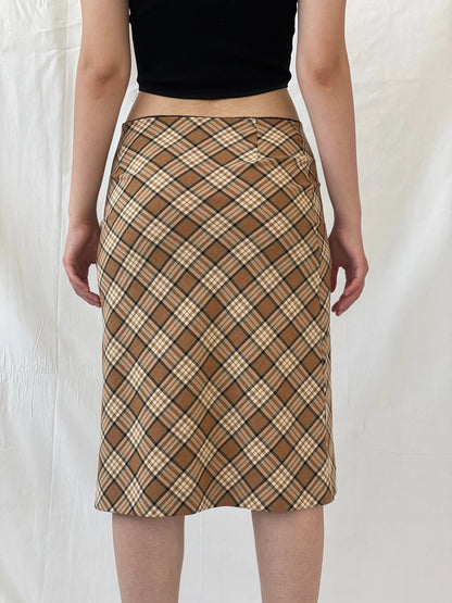Y2K Kookai Beige Plaid Tartan Check Midi Skirt - M - Balagan Vintage Midi Skirt Ayah, midi skirt, plaid, plaid skirt, striped, winter