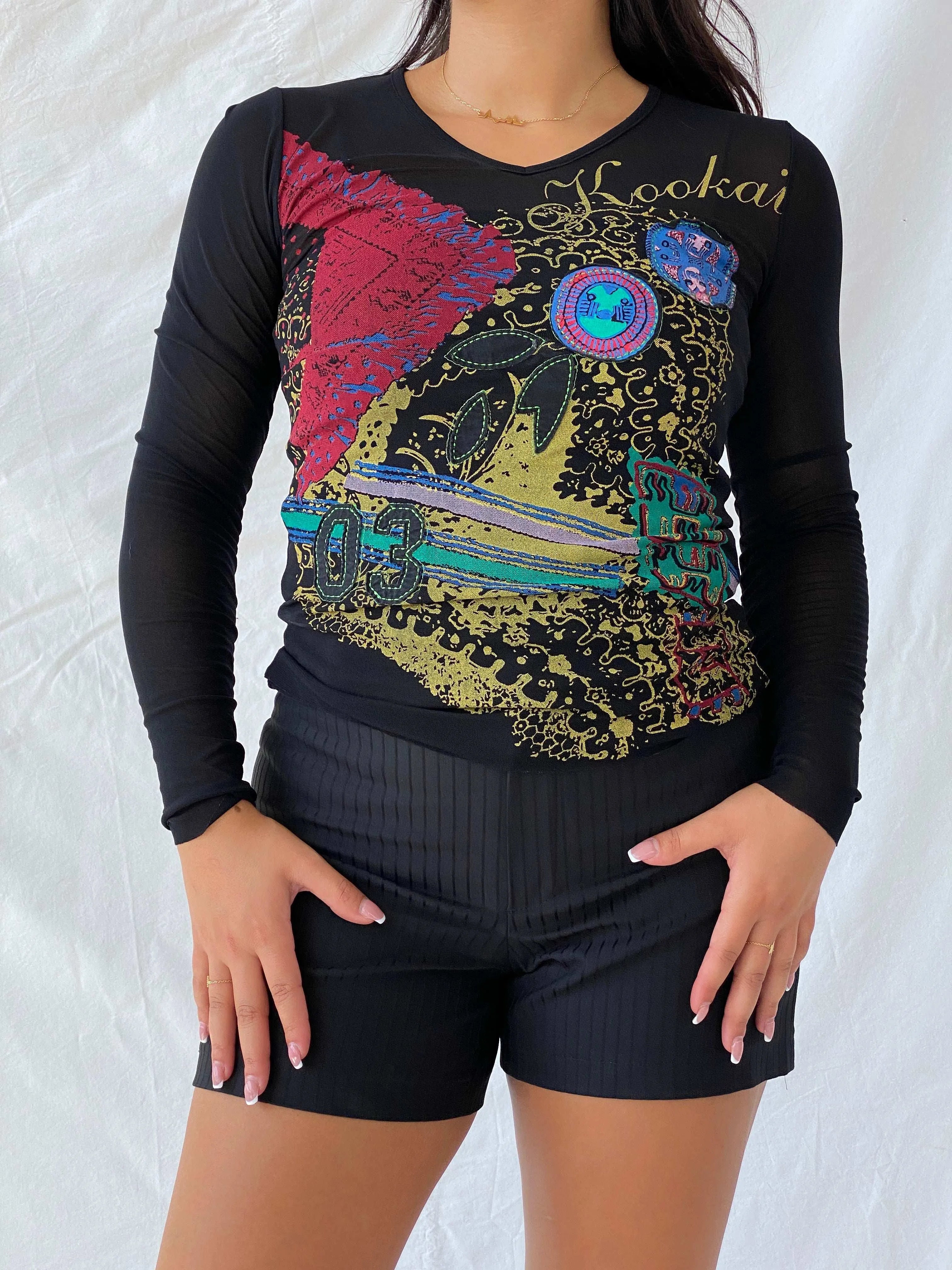 Y2K KOOKAI Grunge Graphic Black Long Sleeve Mesh Top - S - Balagan Vintage Full Sleeve Top 90s, full sleeve top, graphic, graphic top, Lana, women top