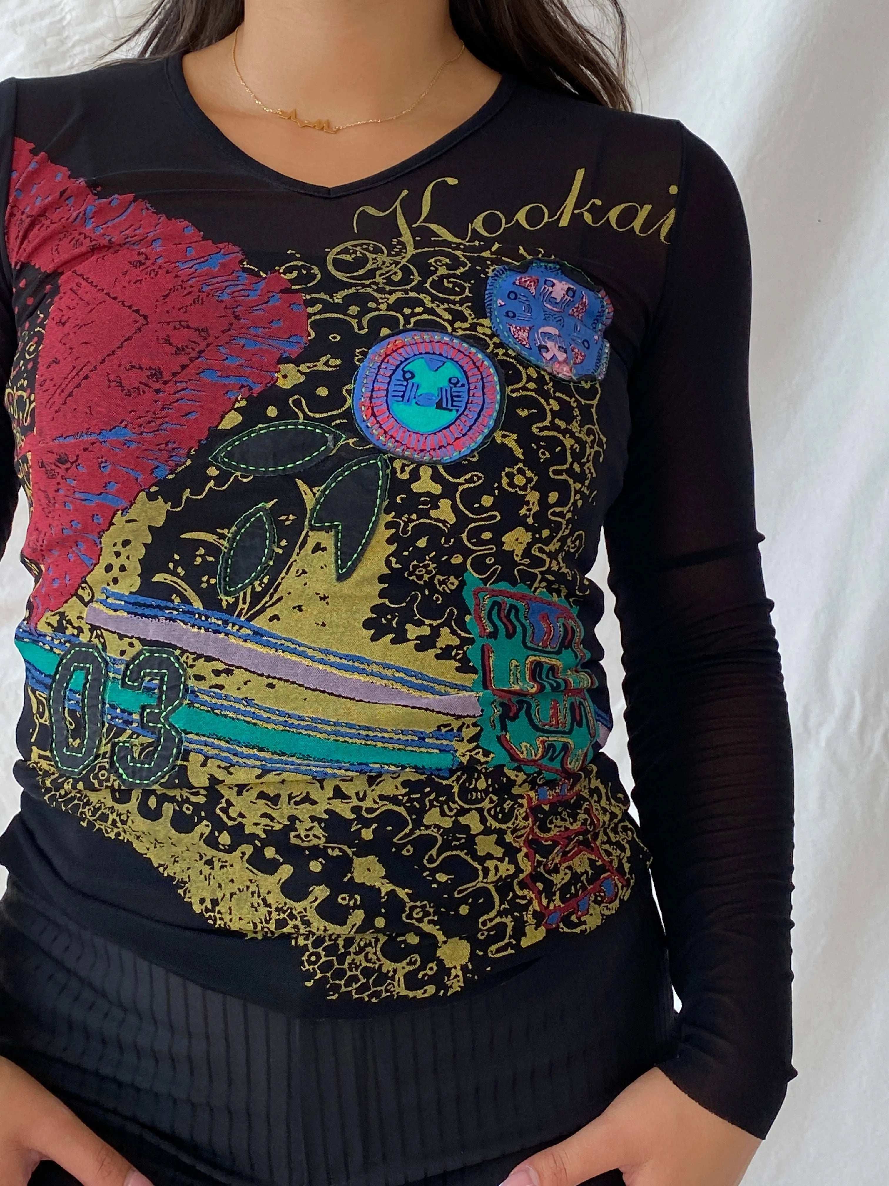 Y2K KOOKAI Grunge Graphic Black Long Sleeve Mesh Top - S - Balagan Vintage Full Sleeve Top 90s, full sleeve top, graphic, graphic top, Lana, women top