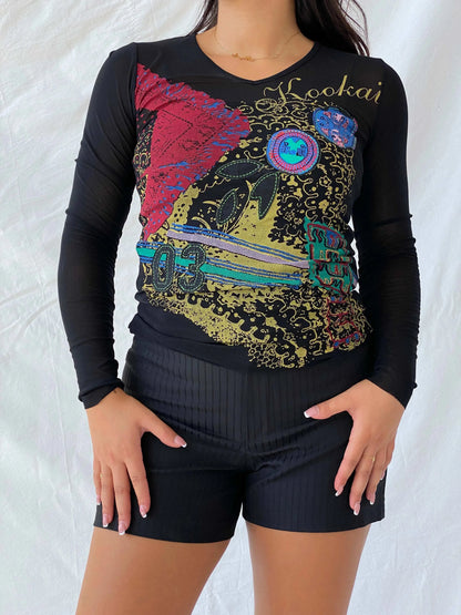 Y2K KOOKAI Grunge Graphic Black Long Sleeve Mesh Top - S - Balagan Vintage Full Sleeve Top 90s, full sleeve top, graphic, graphic top, Lana, women top