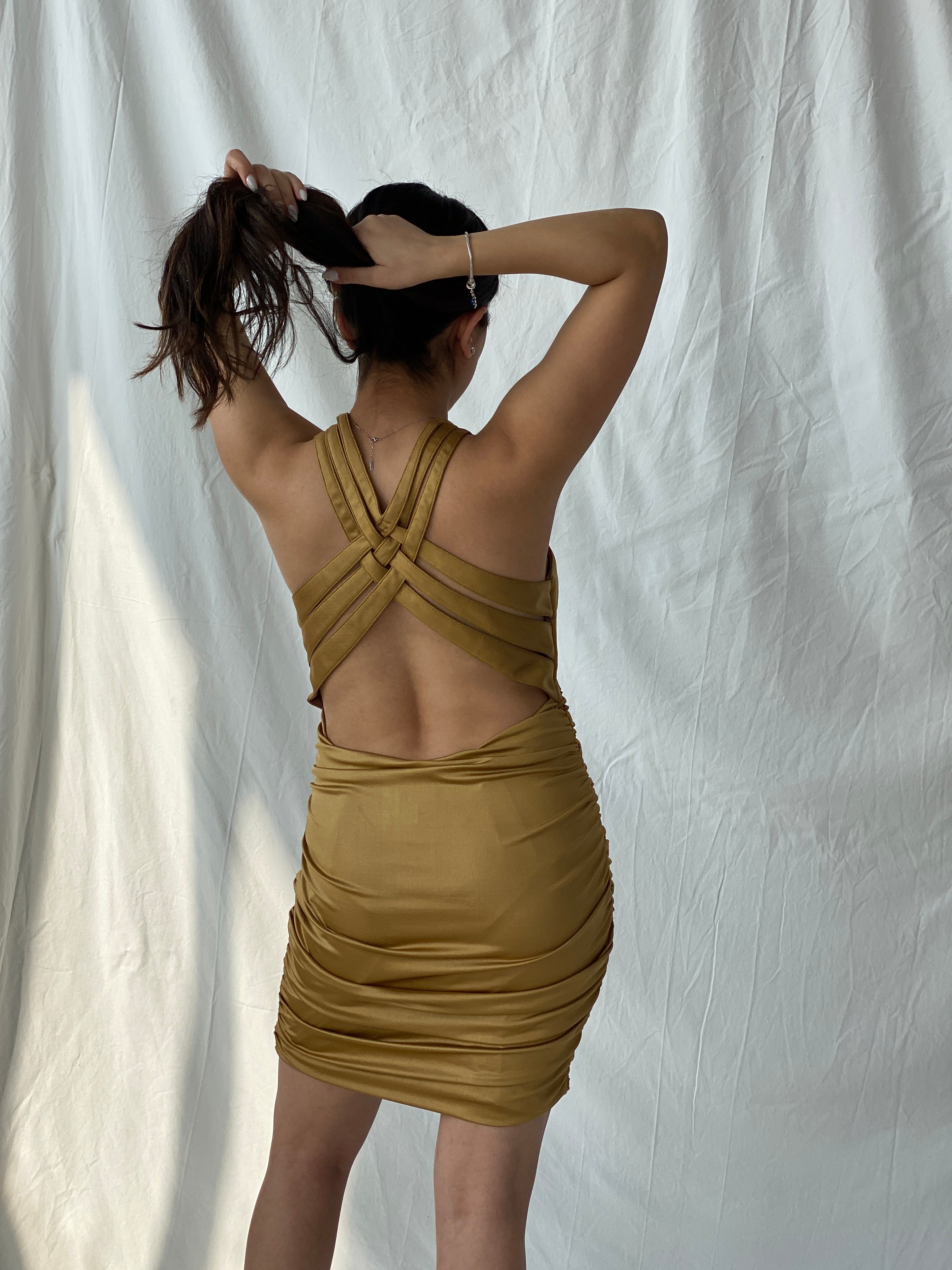 Y2K La Femme Bronze Gold Mini Halter Neck Bodycon Dress - M - Balagan Vintage Mini Dress 00s, 00s dress, consignment, Fatima, Mini Dress, Sadouf, Wedding Guest, winter