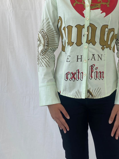 Y2K LAGA Mint Green Women’s Long Sleeve Button Up Graphic Cotton Shirt - M - Balagan Vintage Full Sleeve Shirt 00s, Celine, cotton shirt, graphic, women shirt
