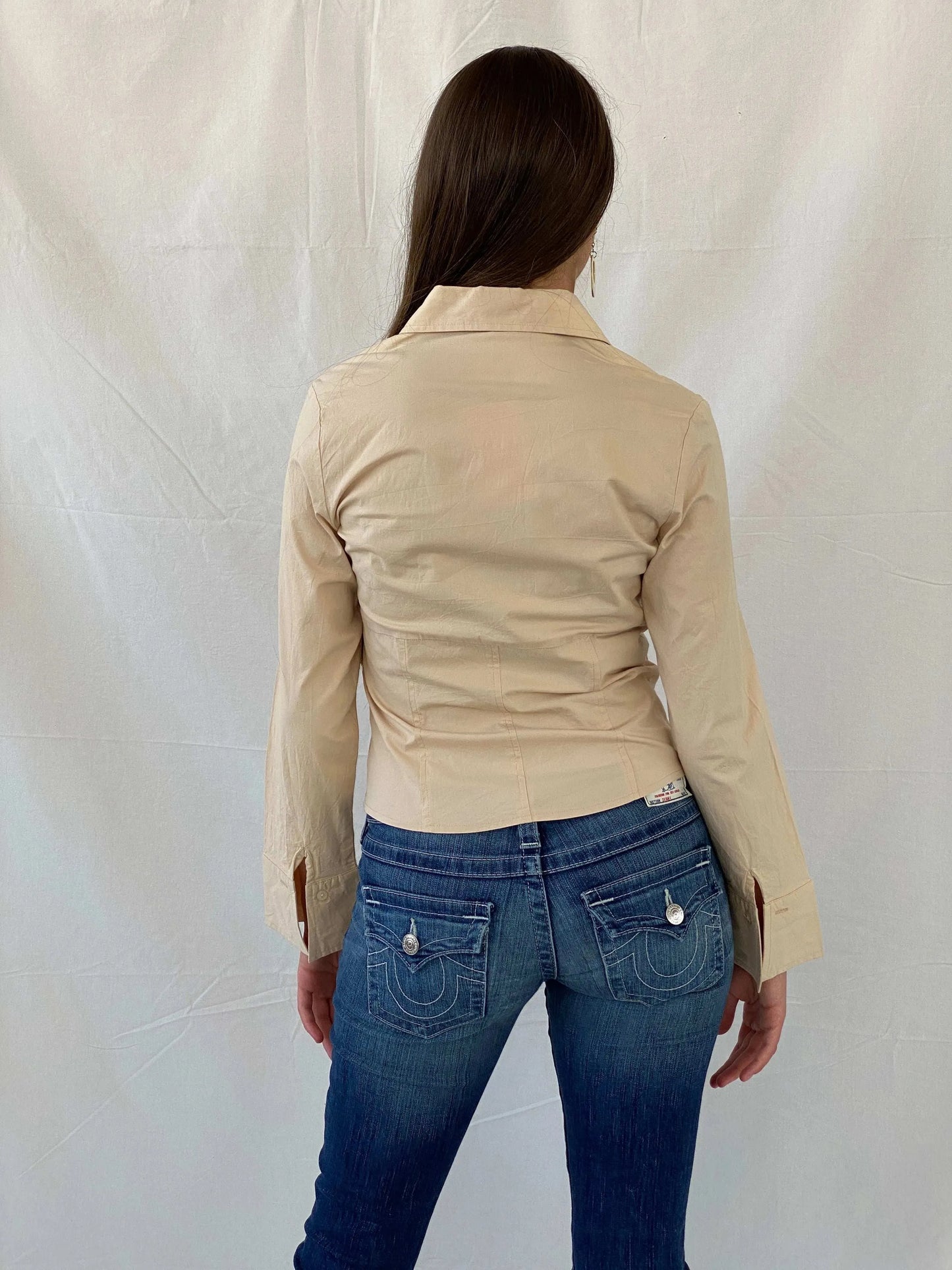 Y2K Lamie Beige Structured Office Core Zip Up Full Sleeve Shirt - M - Balagan Vintage Full Sleeve Top 00s, 90s, Mira, Office core, women top