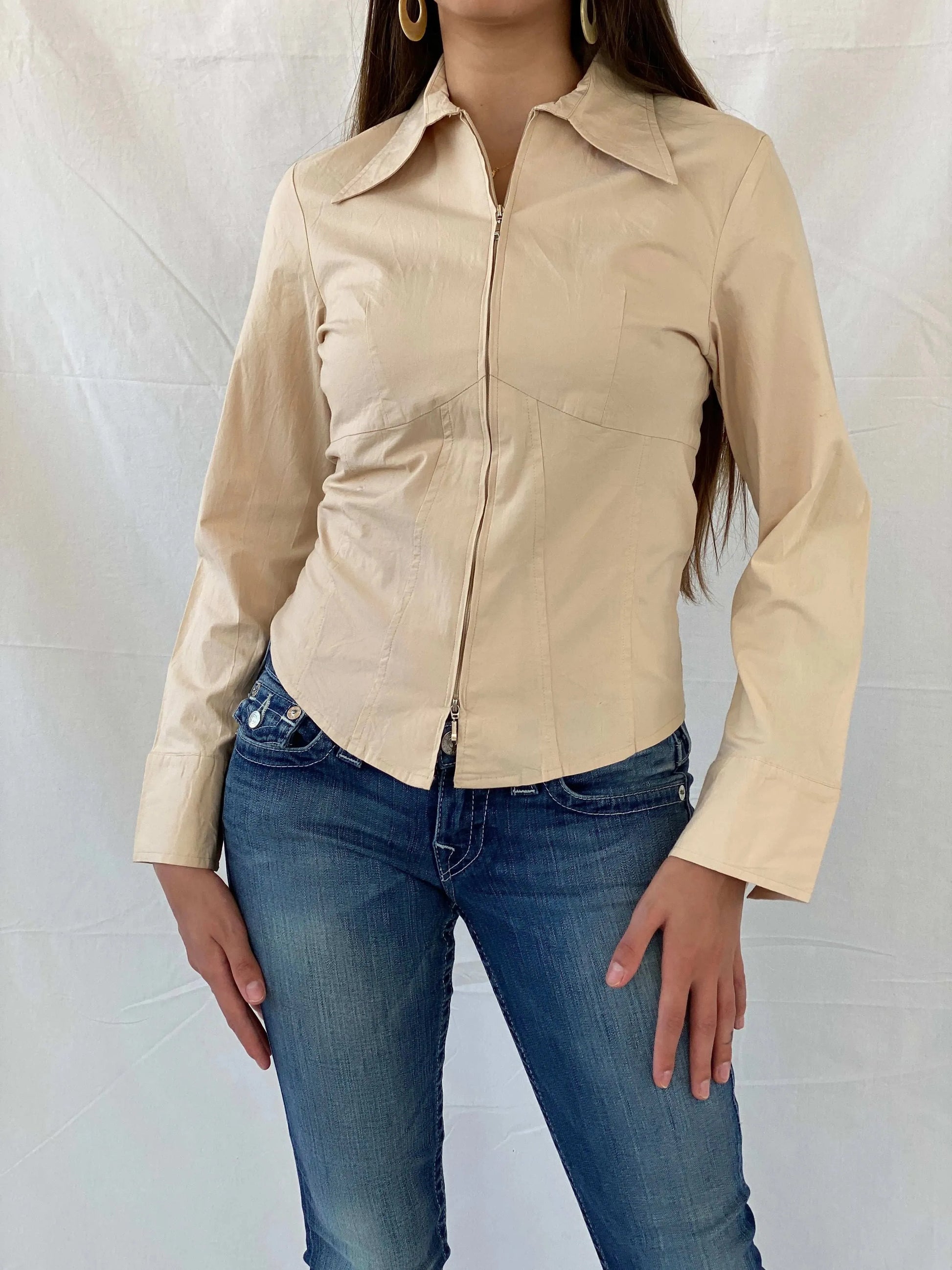 Y2K Lamie Beige Structured Office Core Zip Up Full Sleeve Shirt - M - Balagan Vintage Full Sleeve Top 00s, 90s, Mira, Office core, women top