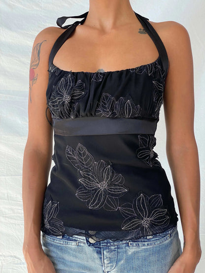 Y2K Le Chateau Shimmery Floral Black Halter Layered Mesh Top - XS - Balagan Vintage Halter Top 90s, beaded, floral, floral top, halter top, summer, Tojan