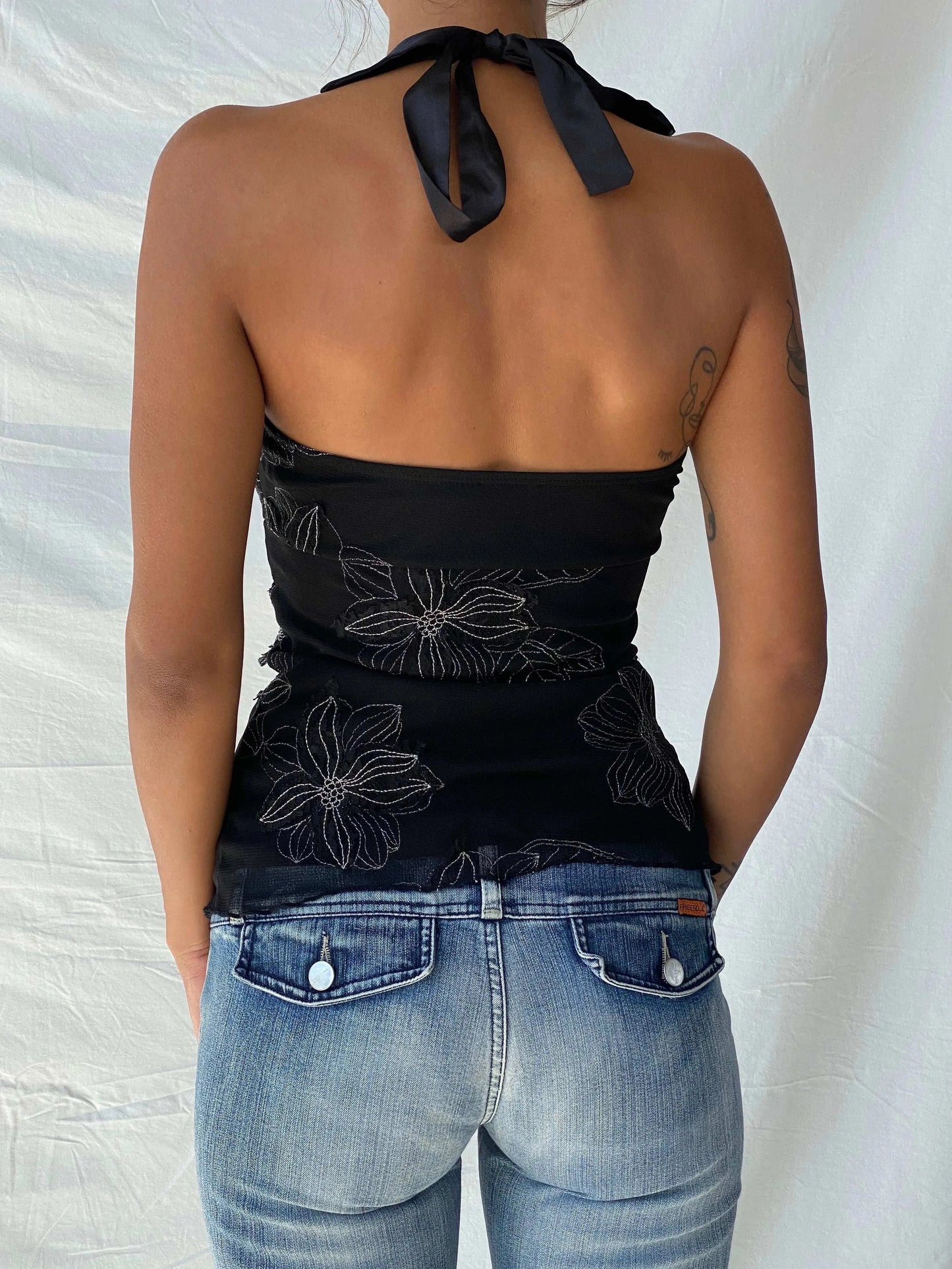Y2K Le Chateau Shimmery Floral Black Halter Layered Mesh Top - XS - Balagan Vintage Halter Top 90s, beaded, floral, floral top, halter top, summer, Tojan