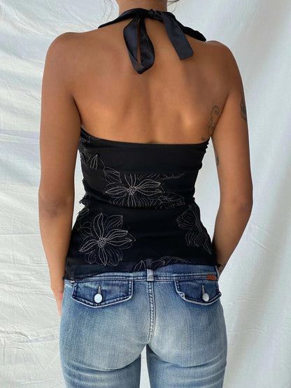 Y2K Le Chateau Shimmery Floral Black Halter Layered Mesh Top - XS - Balagan Vintage Halter Top 90s, beaded, floral, floral top, halter top, summer, Tojan