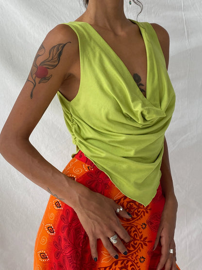 Y2K Lime Green Cowl Neck Ruched Sides Sleeveless Women’s Top - M - Balagan Vintage Sleeveless Top 00s, sleeveless top, summer, Tojan