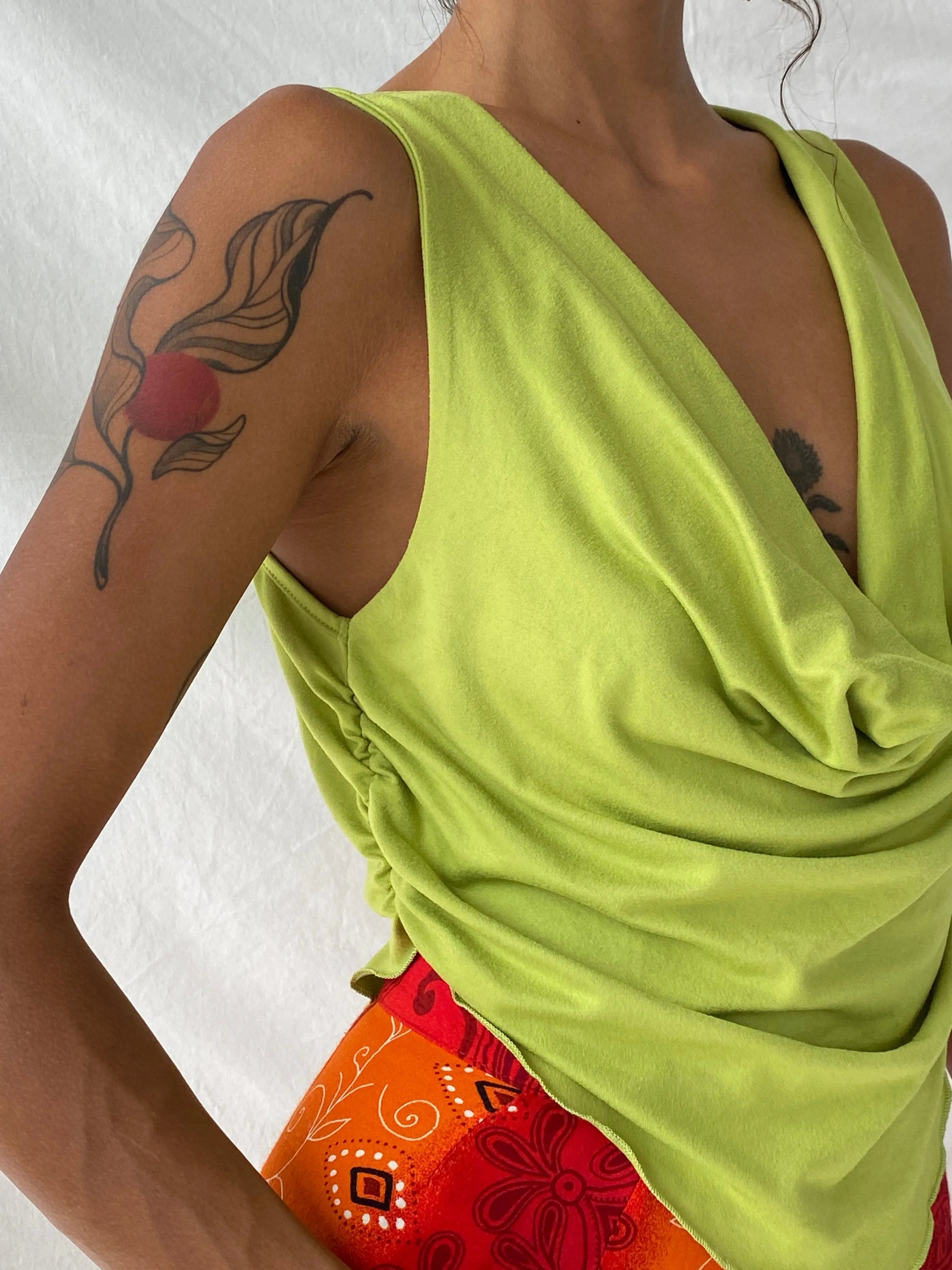 Y2K Lime Green Cowl Neck Ruched Sides Sleeveless Women’s Top - M - Balagan Vintage Sleeveless Top 00s, sleeveless top, summer, Tojan