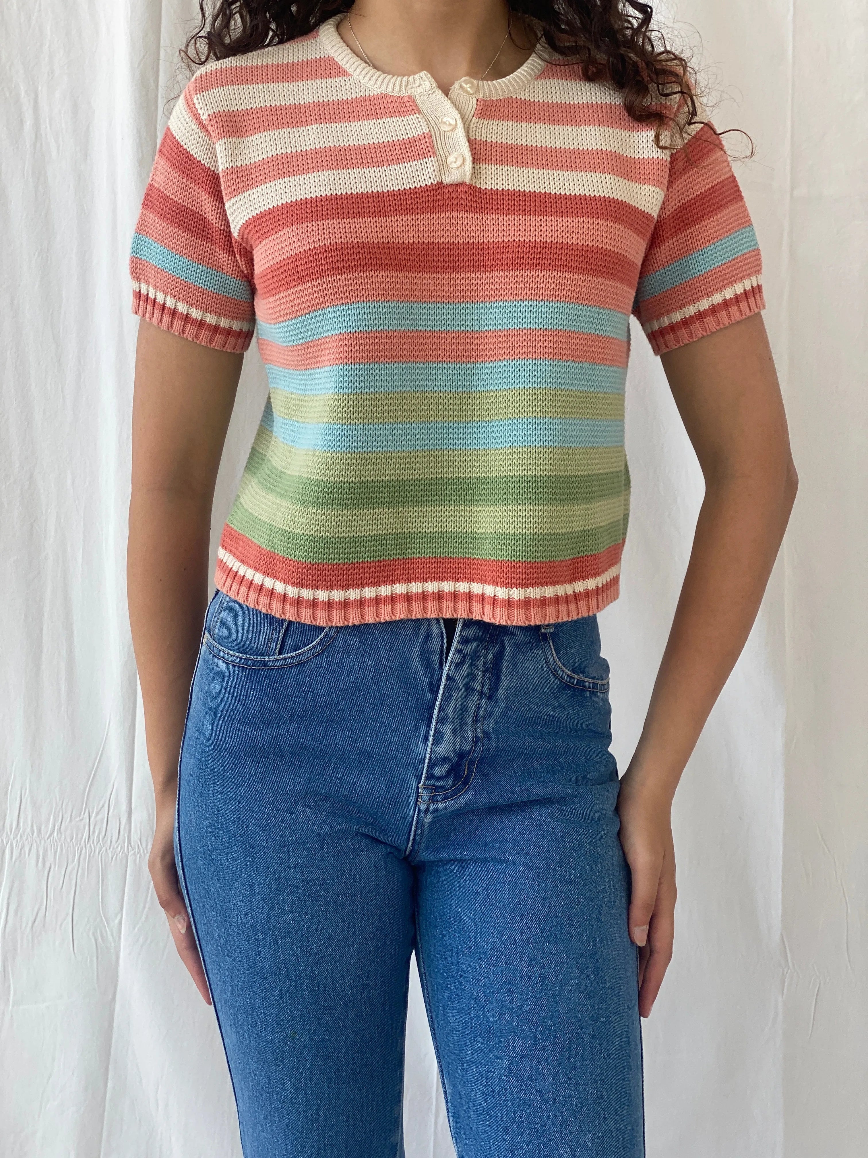 Y2K Liz Claiborne Lizwear Striped Pastel Pink Knitted Cotton Top - S - Balagan Vintage Half Sleeve Top 00s, Celine, consignment, Rand, women top