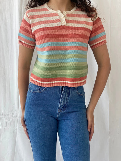 Y2K Liz Claiborne Lizwear Striped Pastel Pink Knitted Cotton Top - S - Balagan Vintage Half Sleeve Top 00s, Celine, consignment, Rand, women top