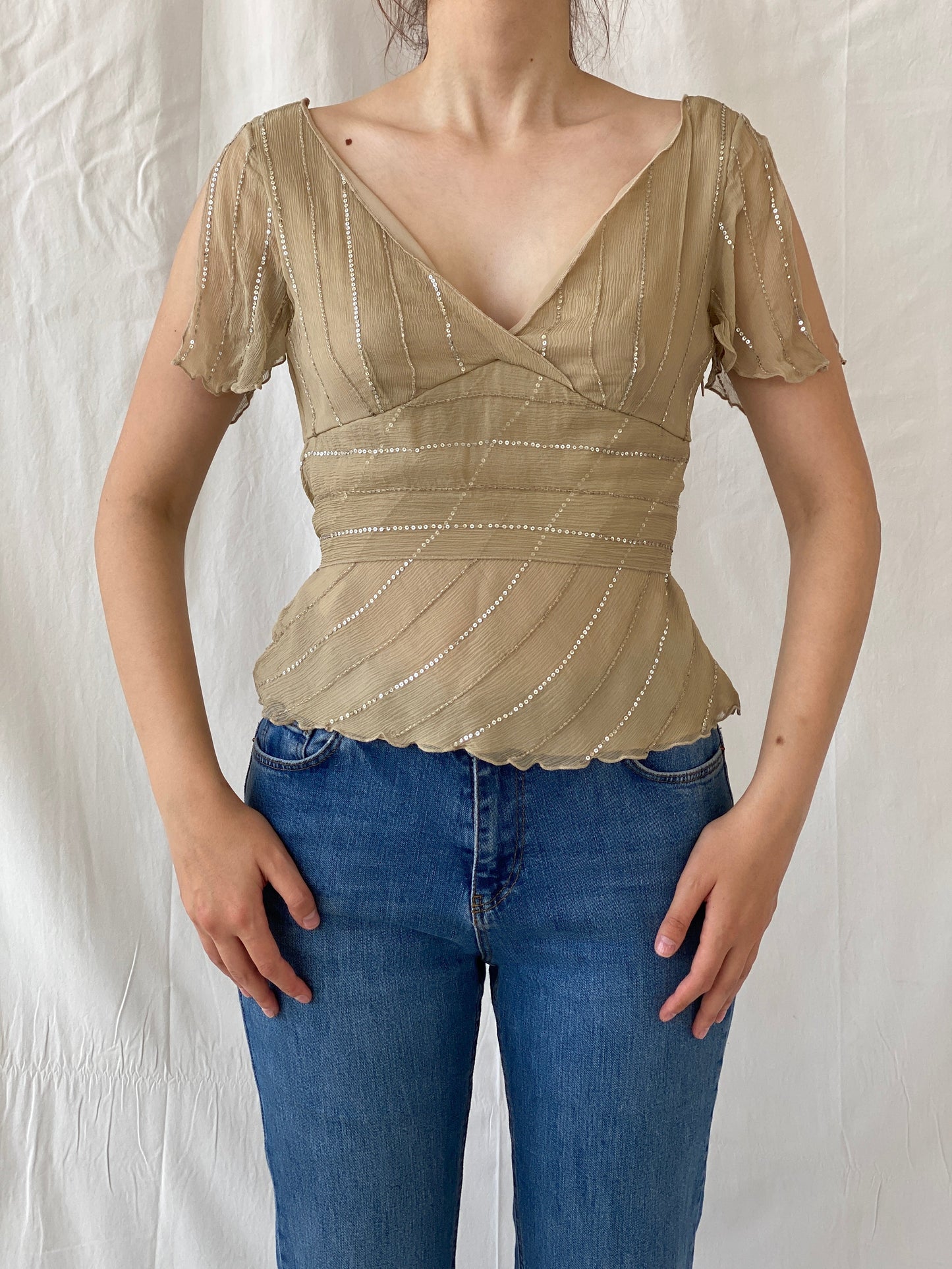 Y2K Massimo Dutti Silk Sequined beaded Half Sleeve Women’s Top - M - Balagan Vintage Half Sleeve Top 00s, Ayah, beaded, silk, summer, women top