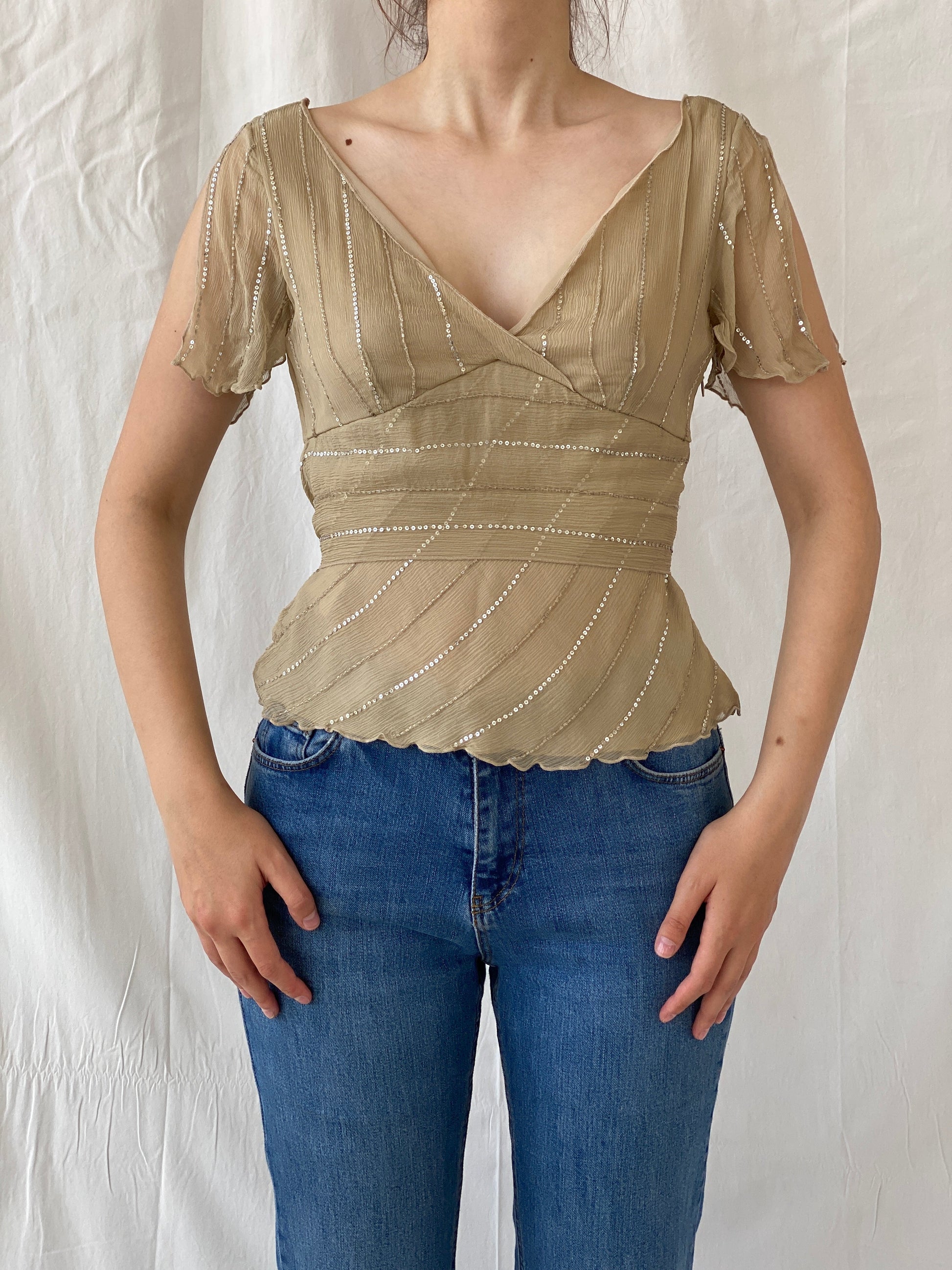 Y2K Massimo Dutti Silk Sequined beaded Half Sleeve Women’s Top - M - Balagan Vintage Half Sleeve Top 00s, Ayah, beaded, silk, summer, women top