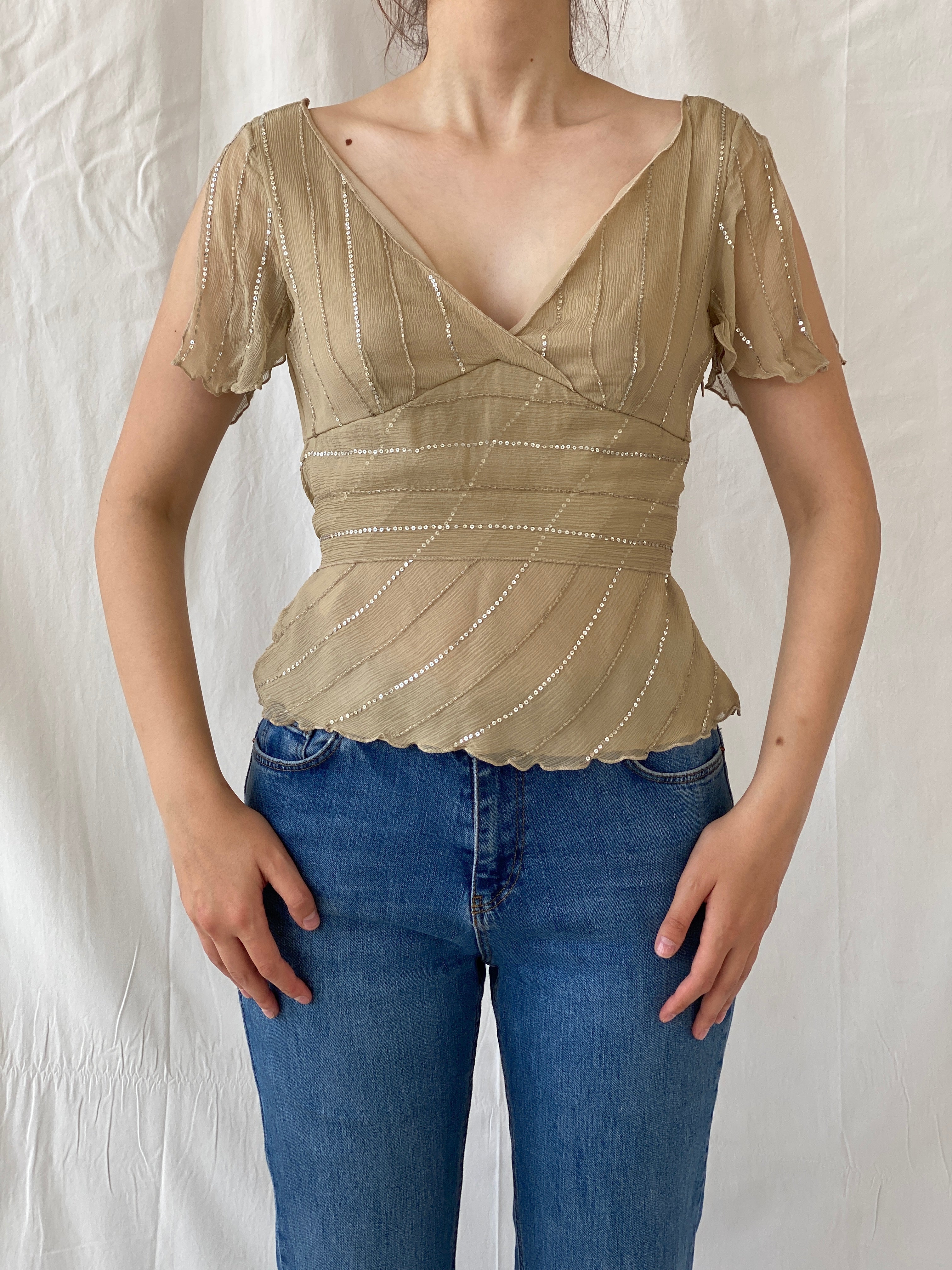 Y2K Massimo Dutti Silk Sequined beaded Half Sleeve Women’s Top - M - Balagan Vintage Half Sleeve Top 00s, Ayah, beaded, silk, summer, women top