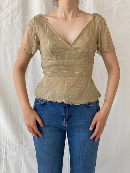 Y2K Massimo Dutti Silk Sequined beaded Half Sleeve Women’s Top - M - Balagan Vintage Half Sleeve Top 00s, Ayah, beaded, silk, summer, women top