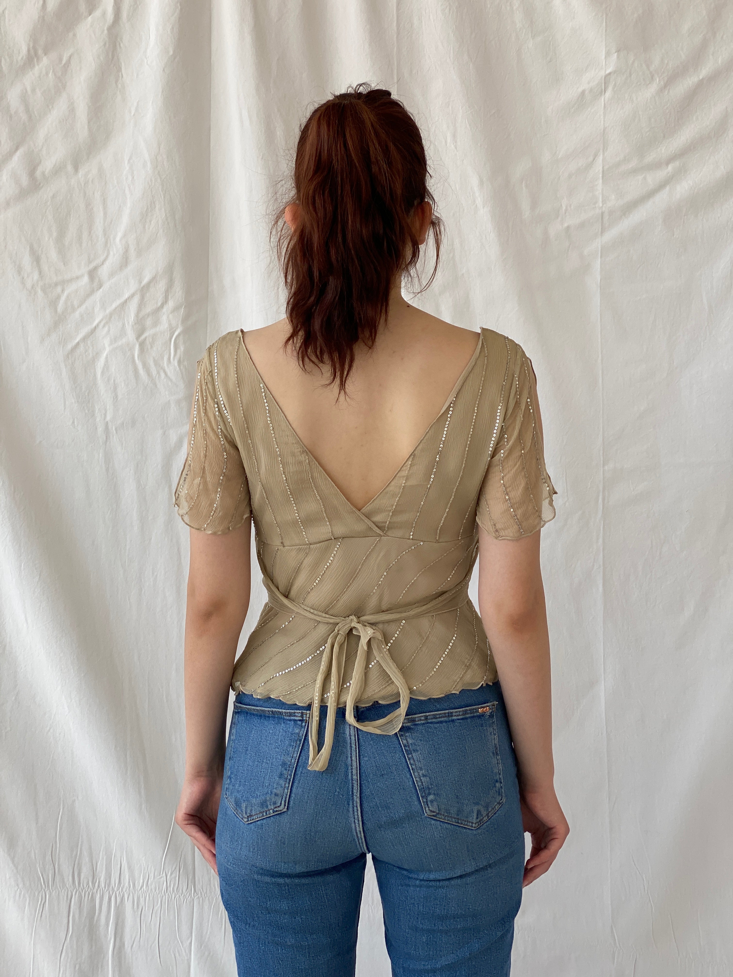 Y2K Massimo Dutti Silk Sequined beaded Half Sleeve Women’s Top - M - Balagan Vintage Half Sleeve Top 00s, Ayah, beaded, silk, summer, women top