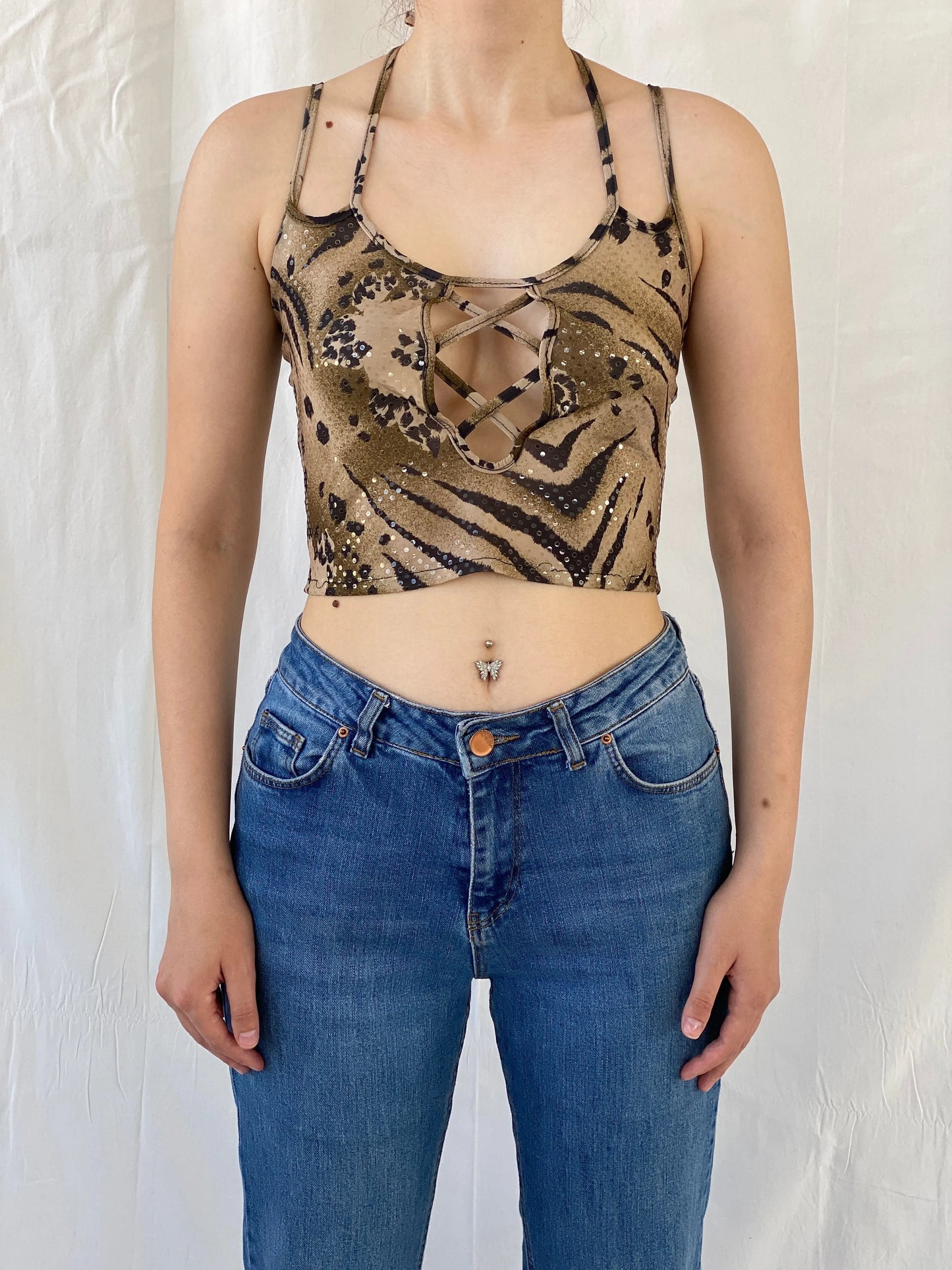 Y2K Mazloum Leopard Crop Cut Out Halter Tie Women’s Top - S - Balagan Vintage Halter Top 00s, Ayah, knit, knitted, women top
